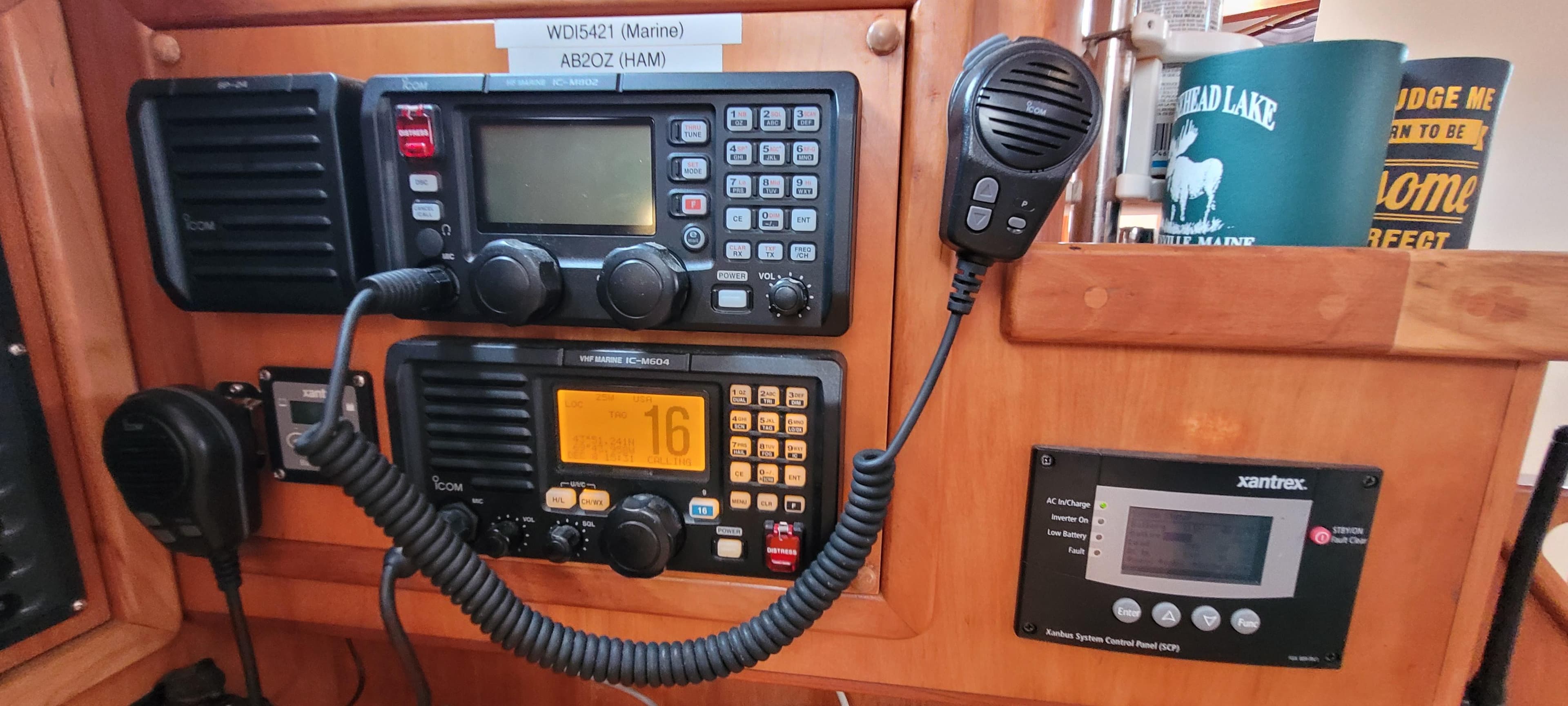 Boat communication equipment with radio and control panel on a 1997 Saga 43.