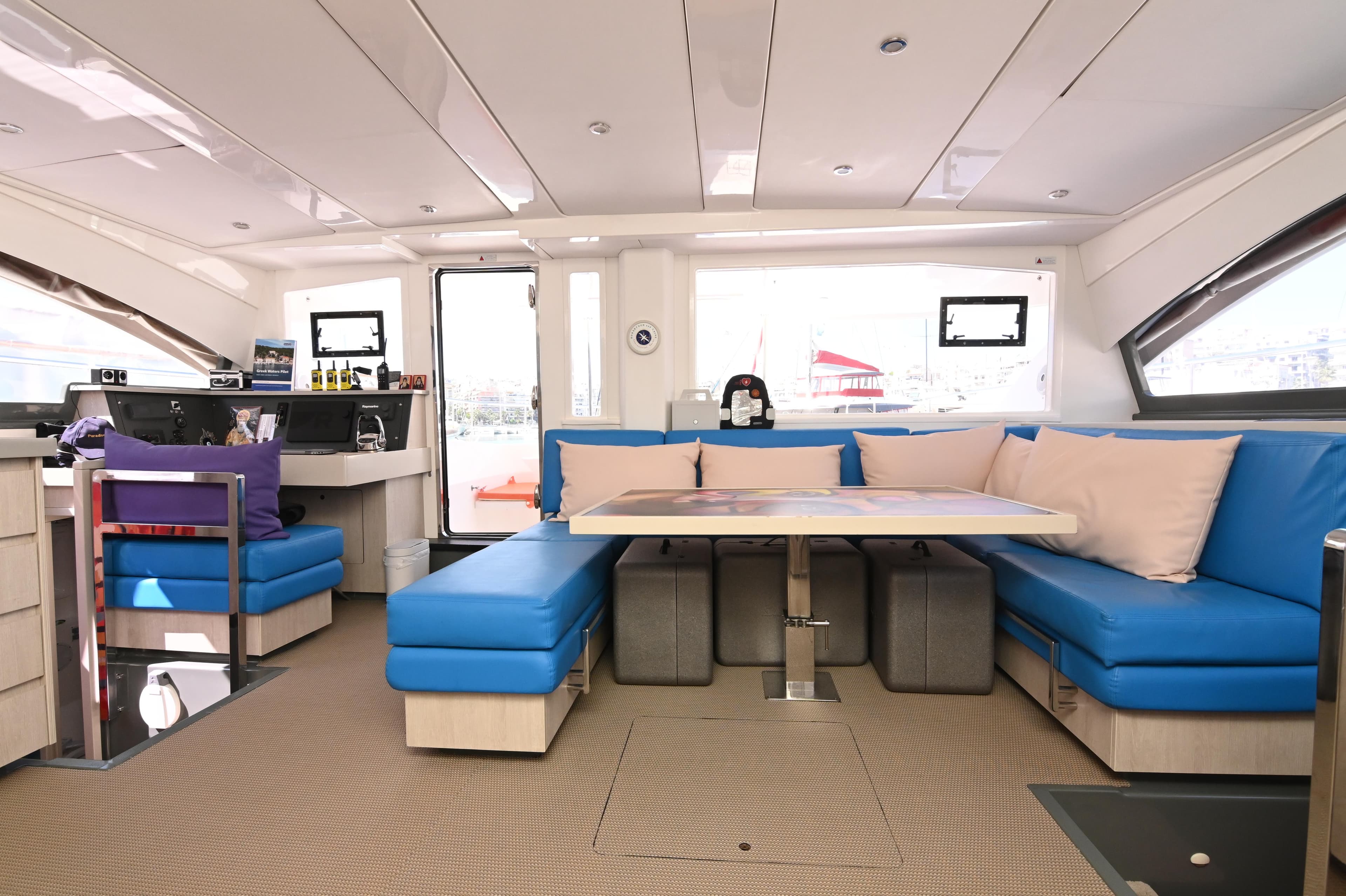 Luxurious interior of 2017 Leopard 51 Powercat with blue seating and modern design.