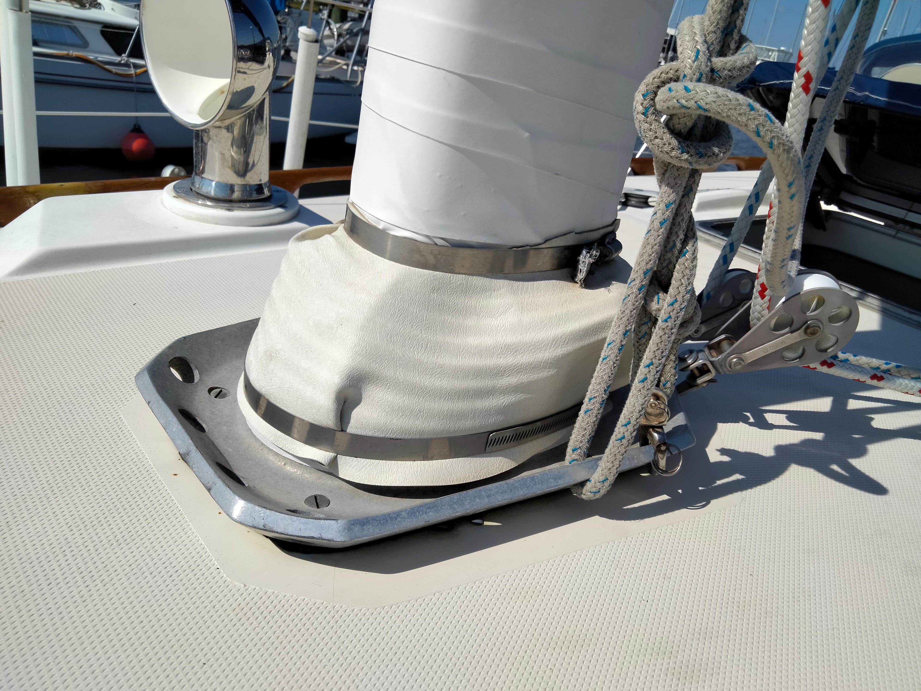 Mast base and rigging on 1989 Sabre 34 MK II sailboat deck.