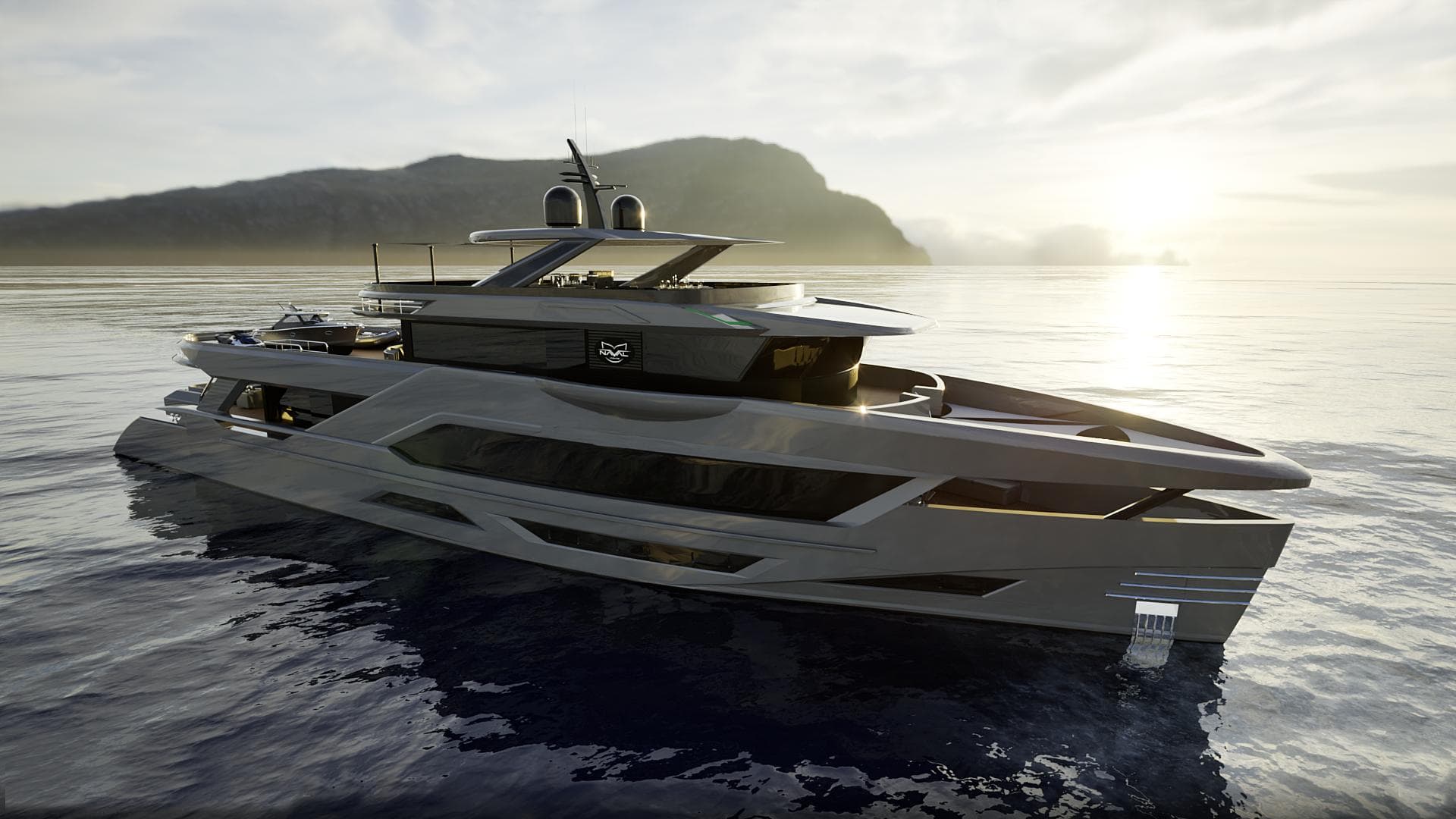 Luxury yacht Naval Yachts LXT140, 2027, at sea during sunset.