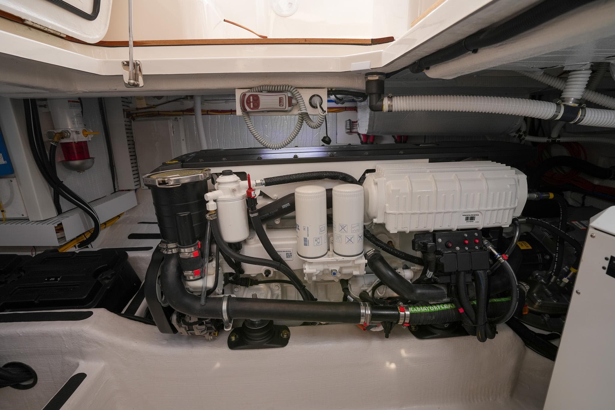 Engine room of 2025 Sabre 45 Salon Express yacht, showcasing modern mechanical systems.