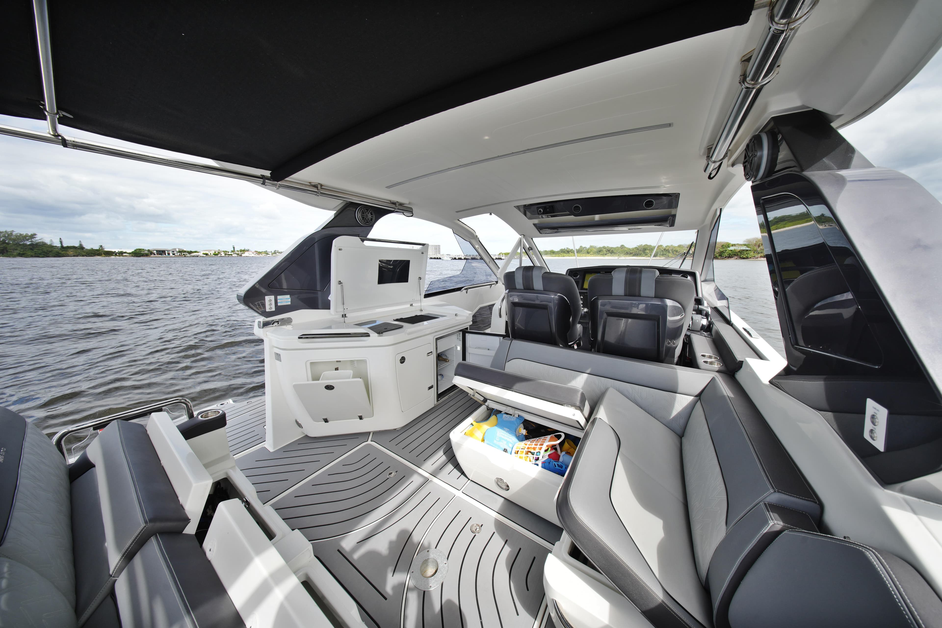 2023 Galeon 400 XL yacht interior with sleek seating and modern amenities on open water.