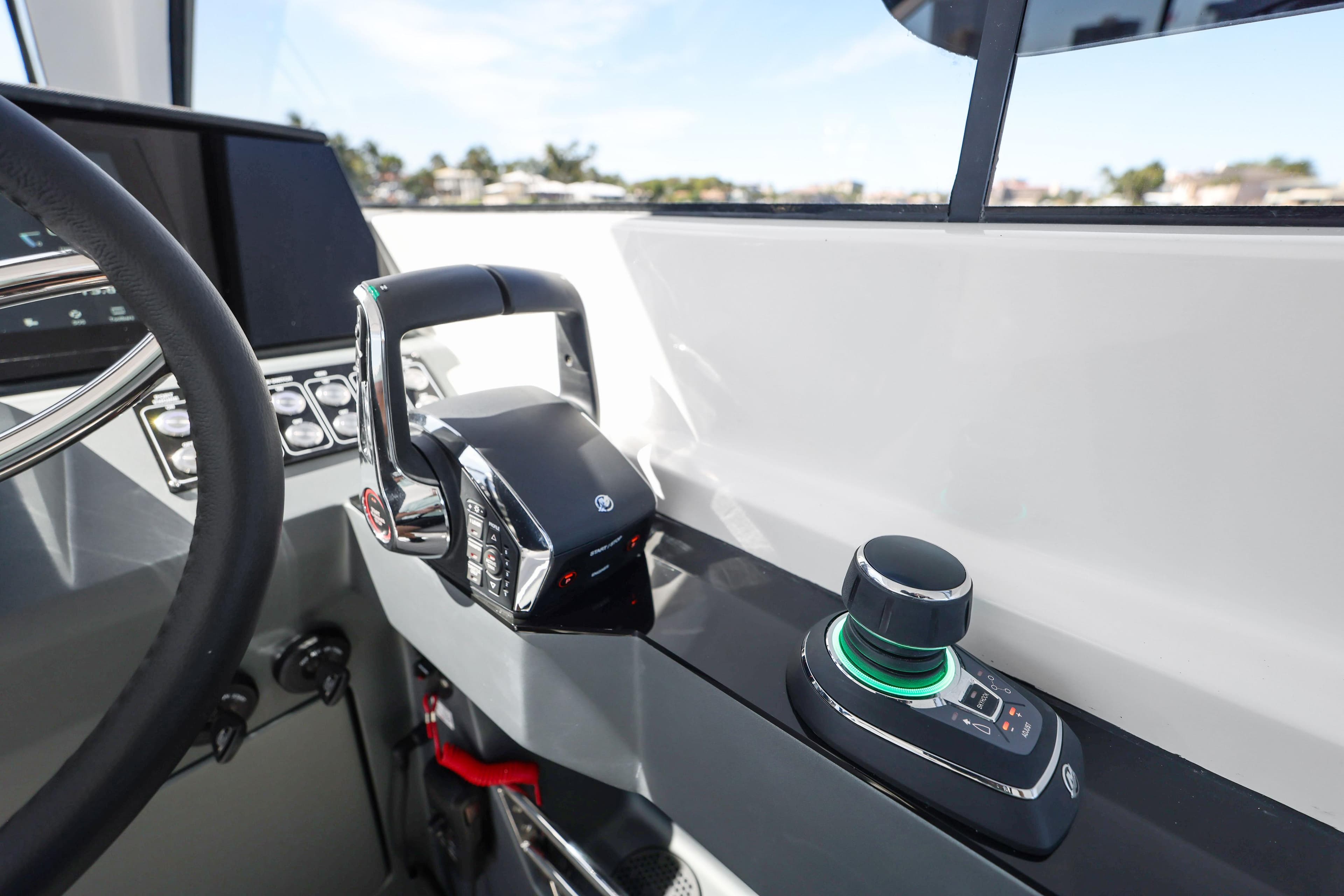 2025 Valiatt 380 Bowrider helm with modern controls and steering wheel.