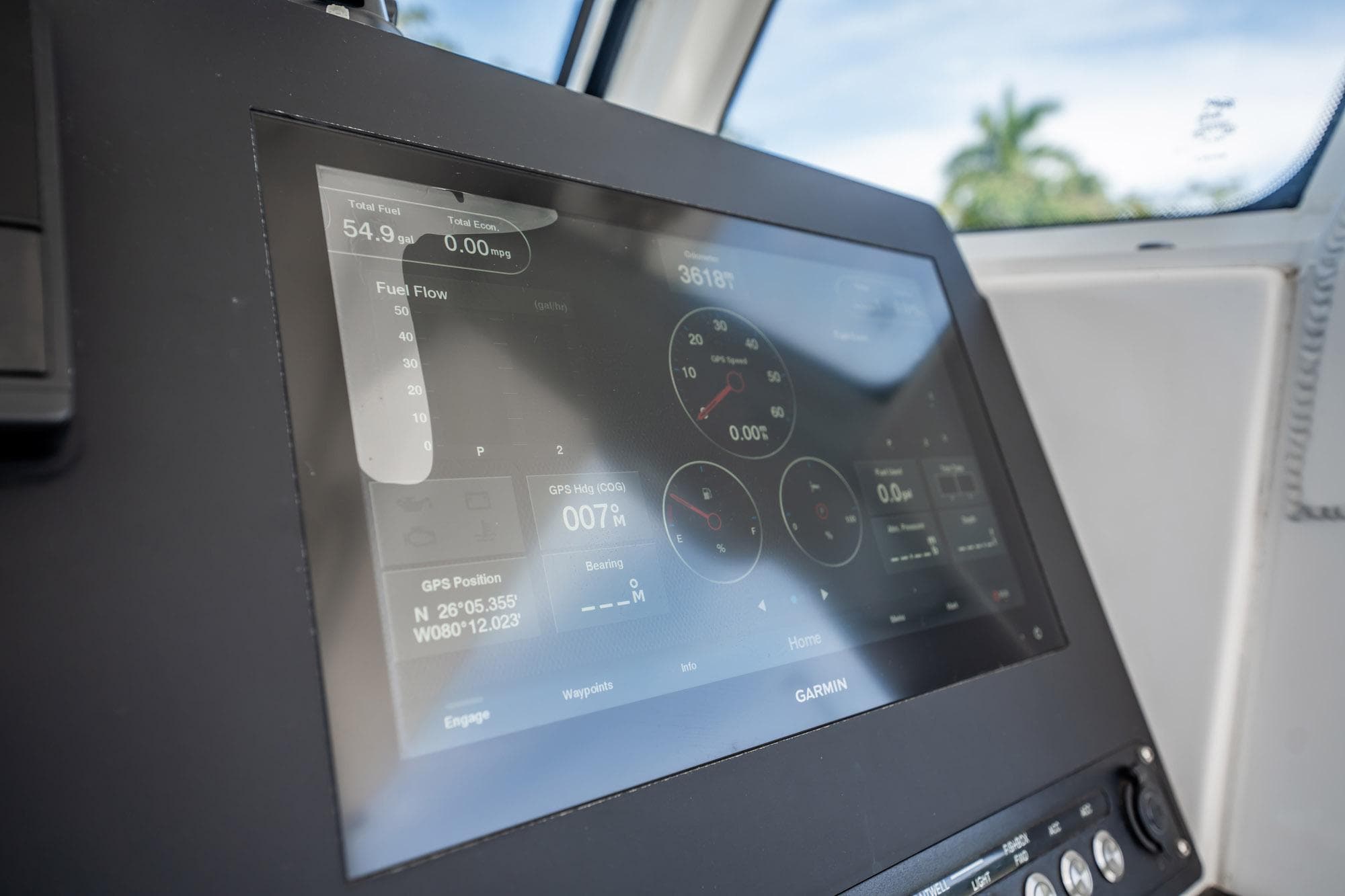 Display screen on 2021 Everglades 335 Center Console boat showing navigation data.