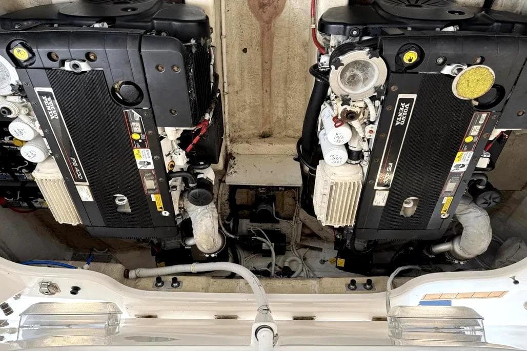 Engine compartment of a 2008 Tiara 35 Sovran boat with Volvo Penta engines.