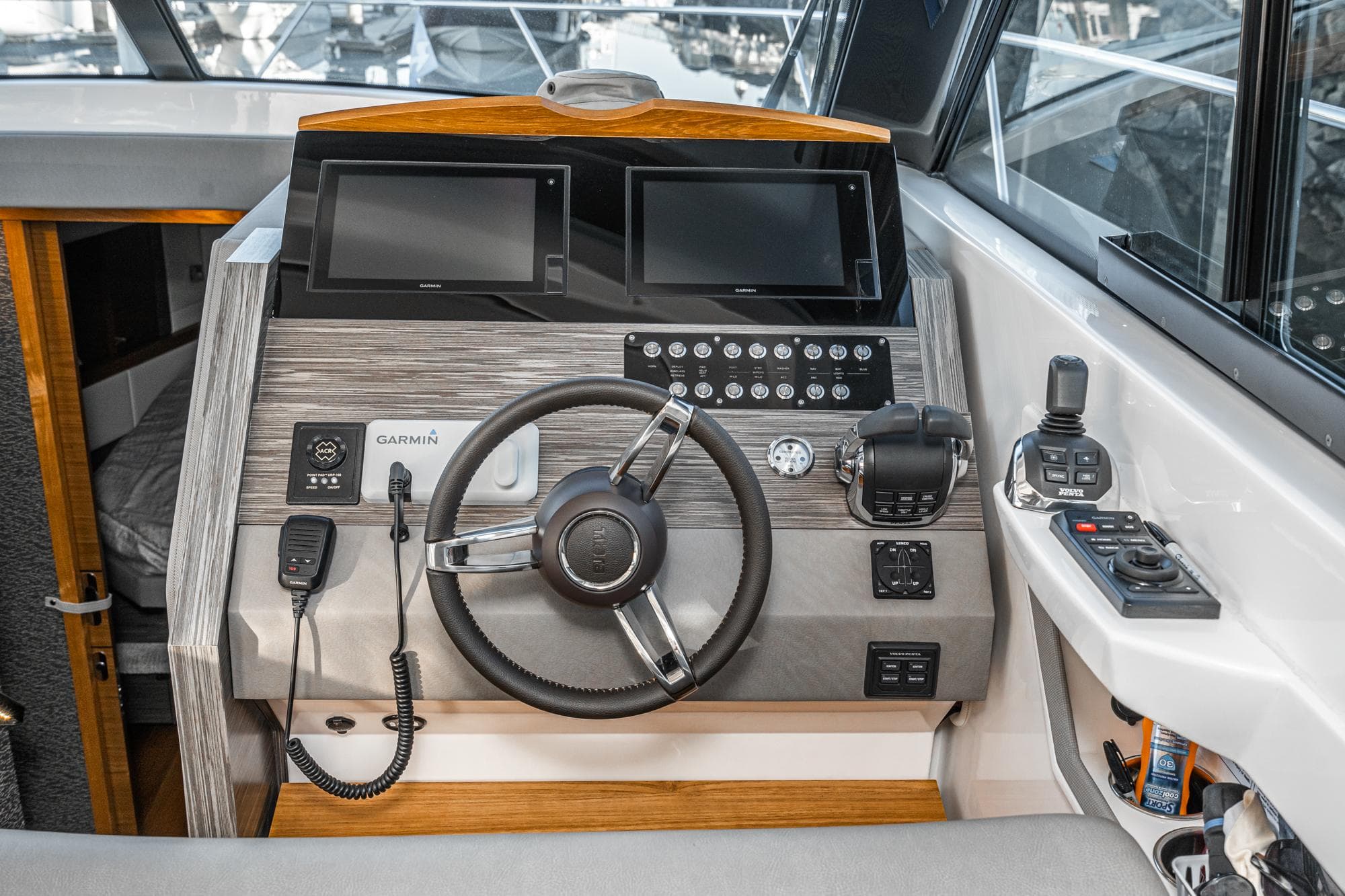 Interior view of the helm in a 2020 Tiara Yachts C39 Coupe.