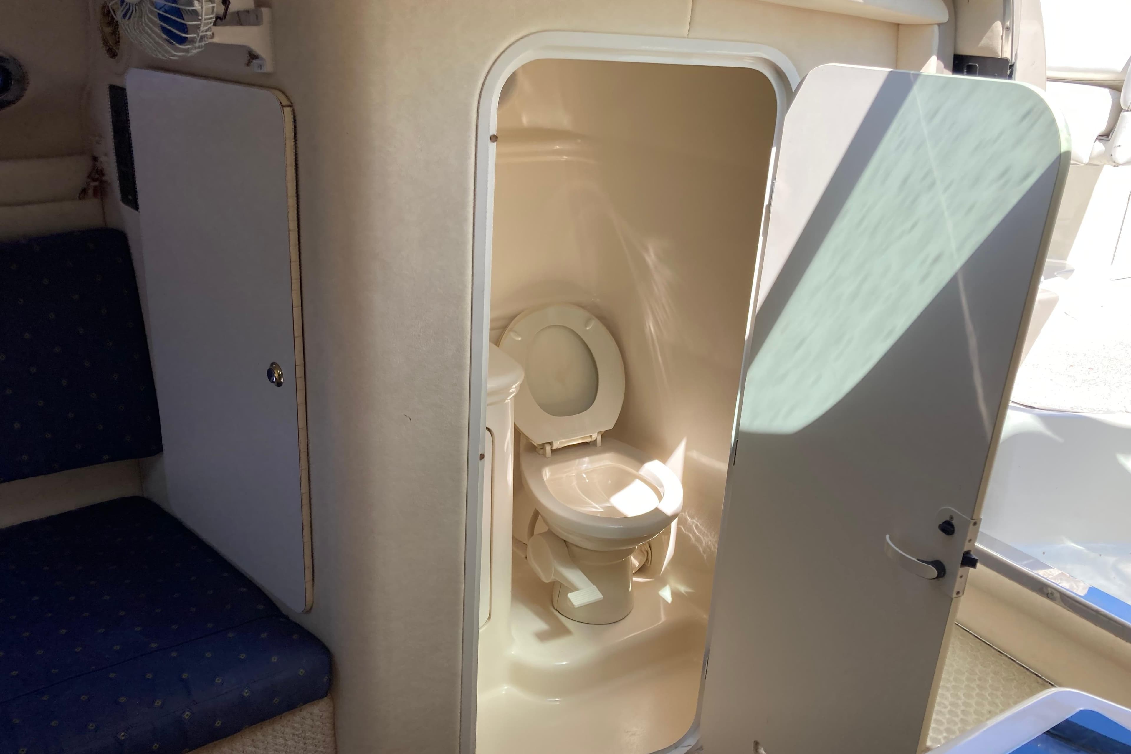 Interior of 2002 Sea Ray Sundancer 260 showing compact marine toilet area.