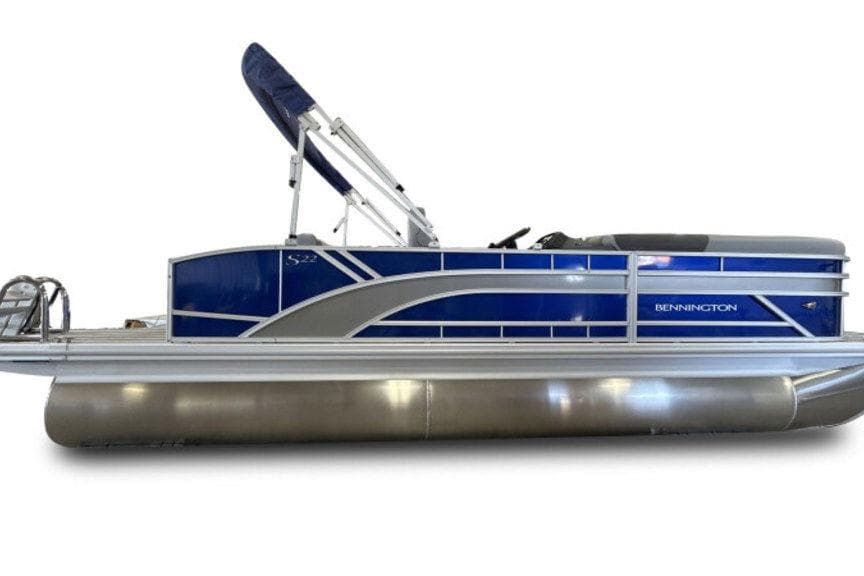 2026 Bennington 22SSB pontoon boat with blue and silver design, side view.