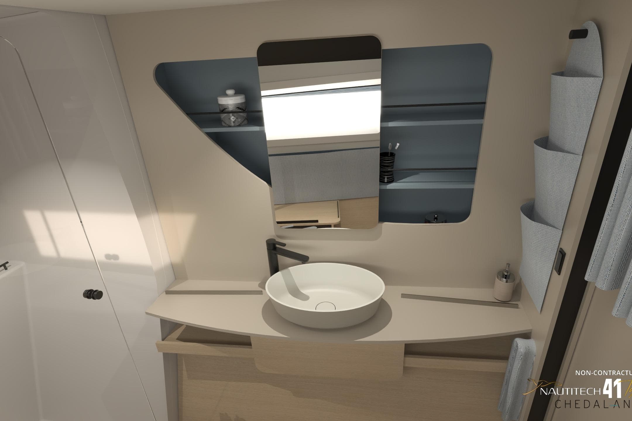 Modern bathroom interior of 2026 Nautitech 41 Type S yacht, featuring sleek sink and mirror design.