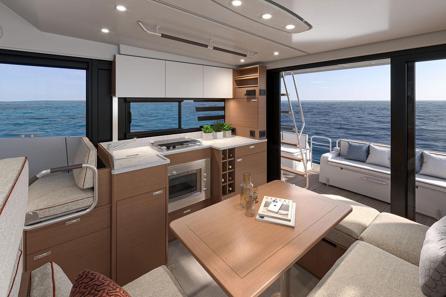 Manufacturer Provided Image: Interior of 2026 Beneteau Swift Trawler 37 Sedan with ocean view, modern kitchen, and seating area.