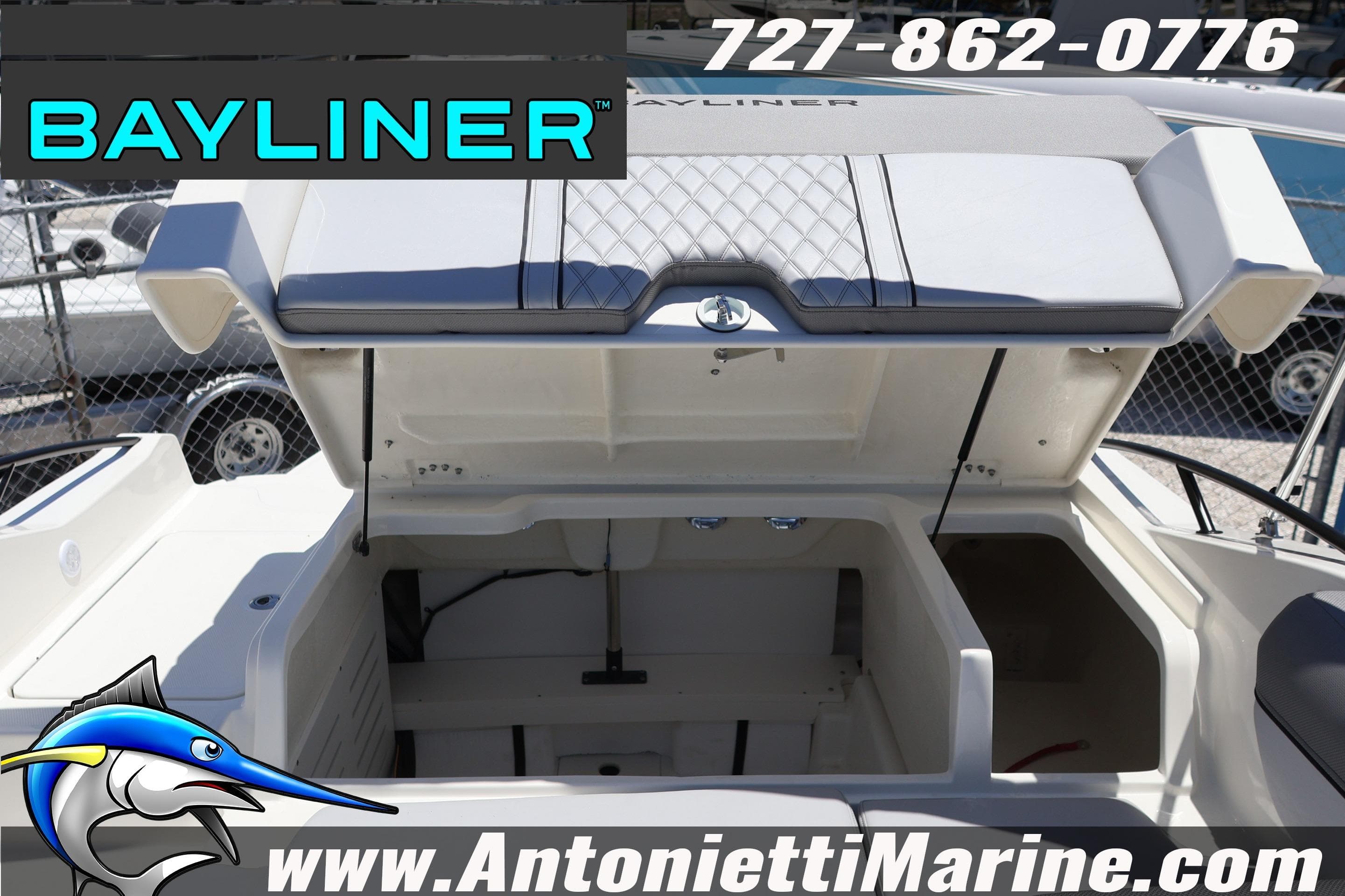 2026 Bayliner D20 boat storage compartment open at Antonietti Marine.