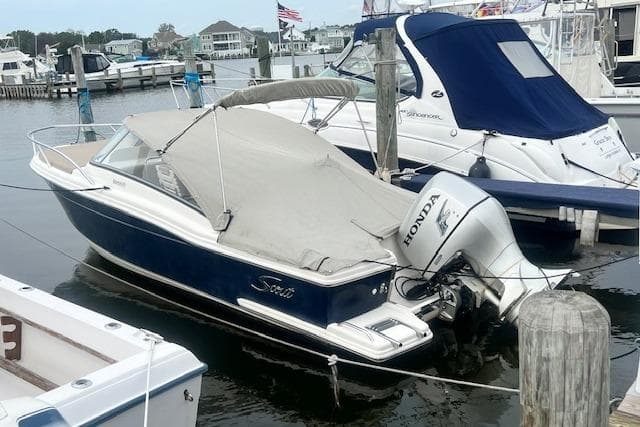2008 Scout 242 Dorado boat with Honda outboard motor docked in marina.