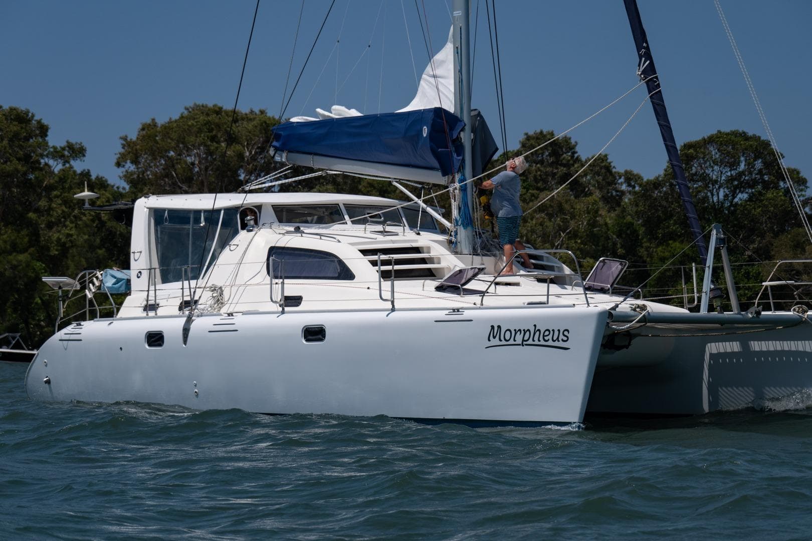 Leopard 38 catamaran "Morpheus" sailing on a sunny day, 2000 model.
