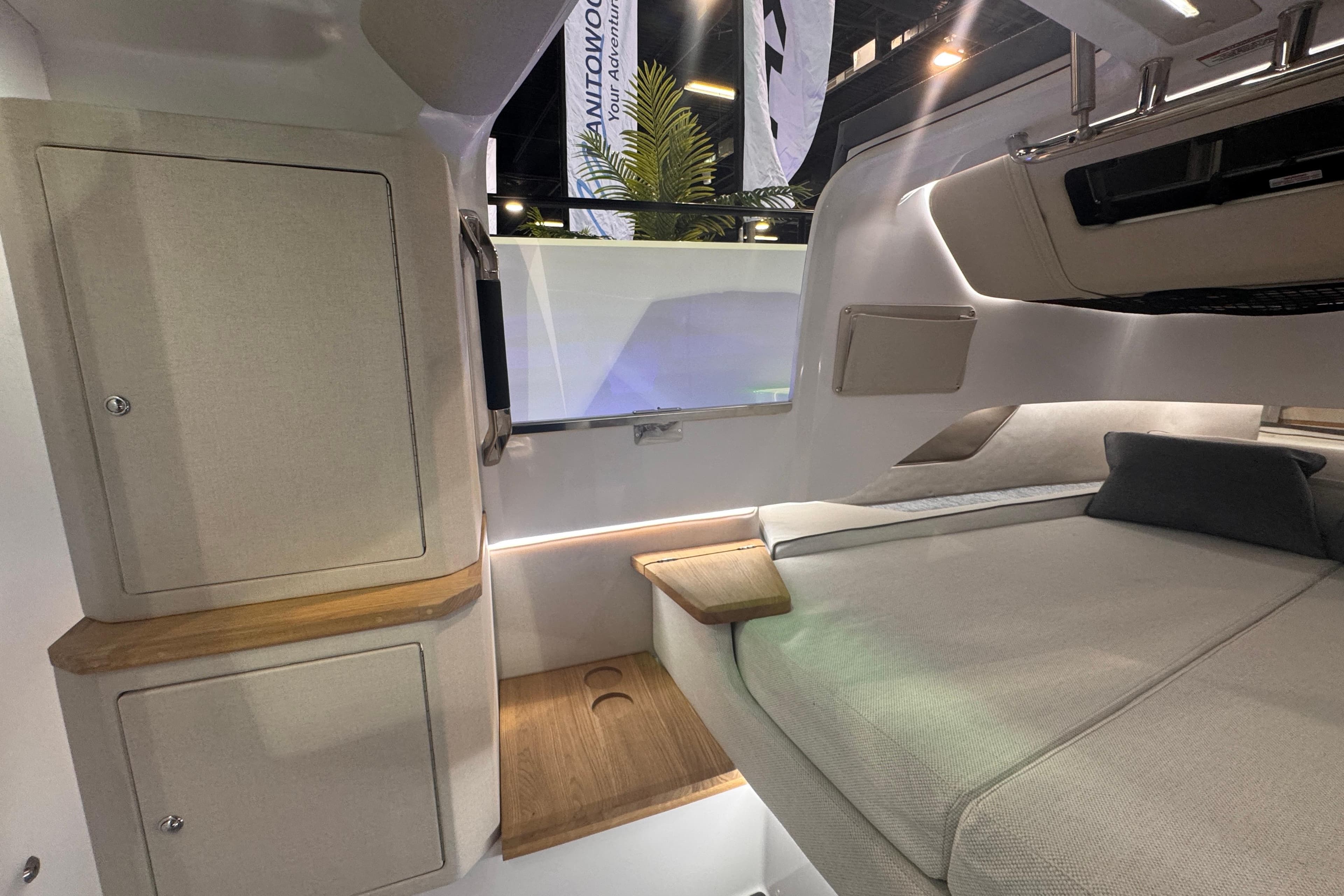2025 Axopar 37 XC Cross Cabin interior with modern design and comfortable sleeping area.