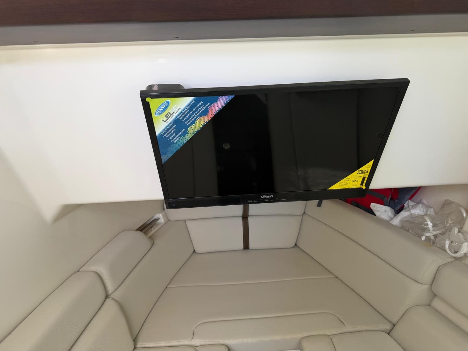 Interior of 2022 Boston Whaler 350 Realm with TV.