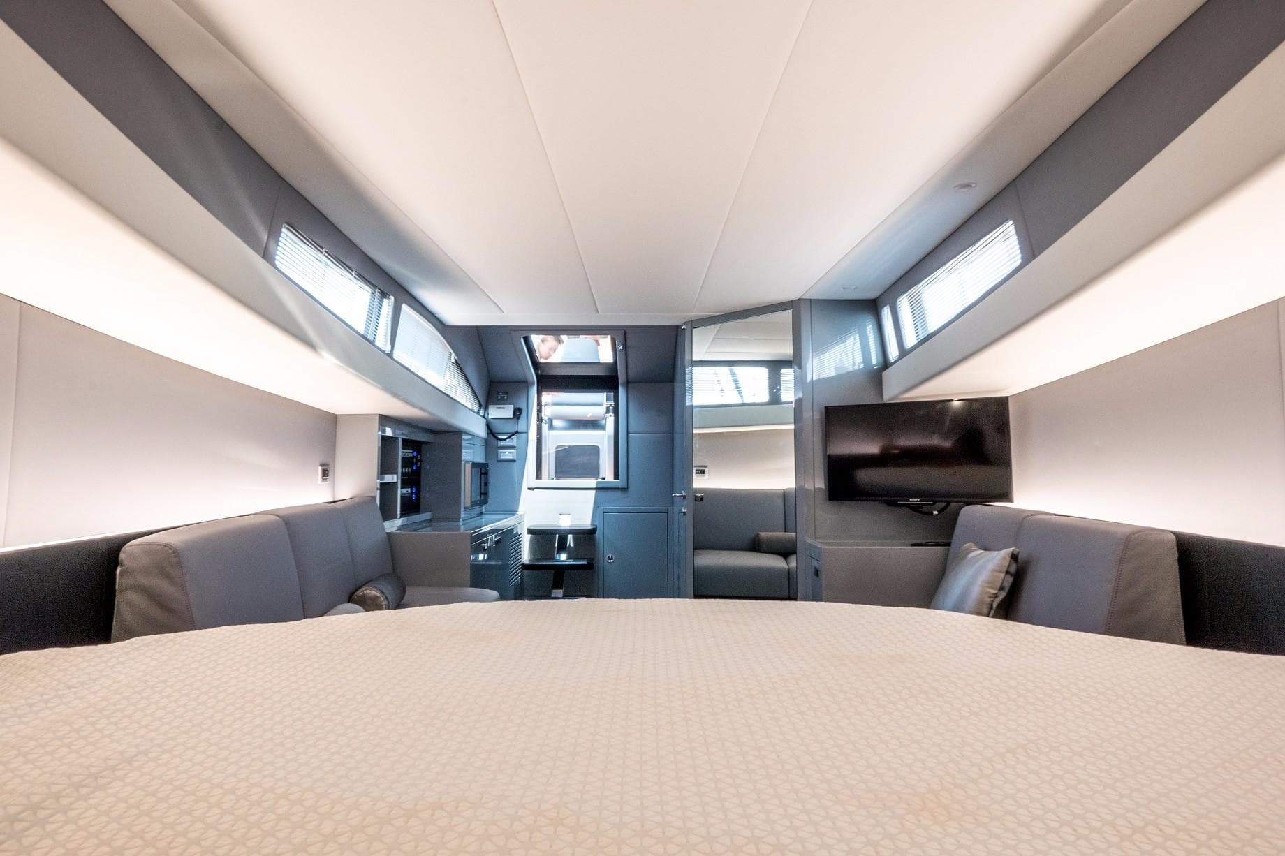 Luxurious interior of 2026 Anvera 58S yacht, featuring modern design and comfortable seating.