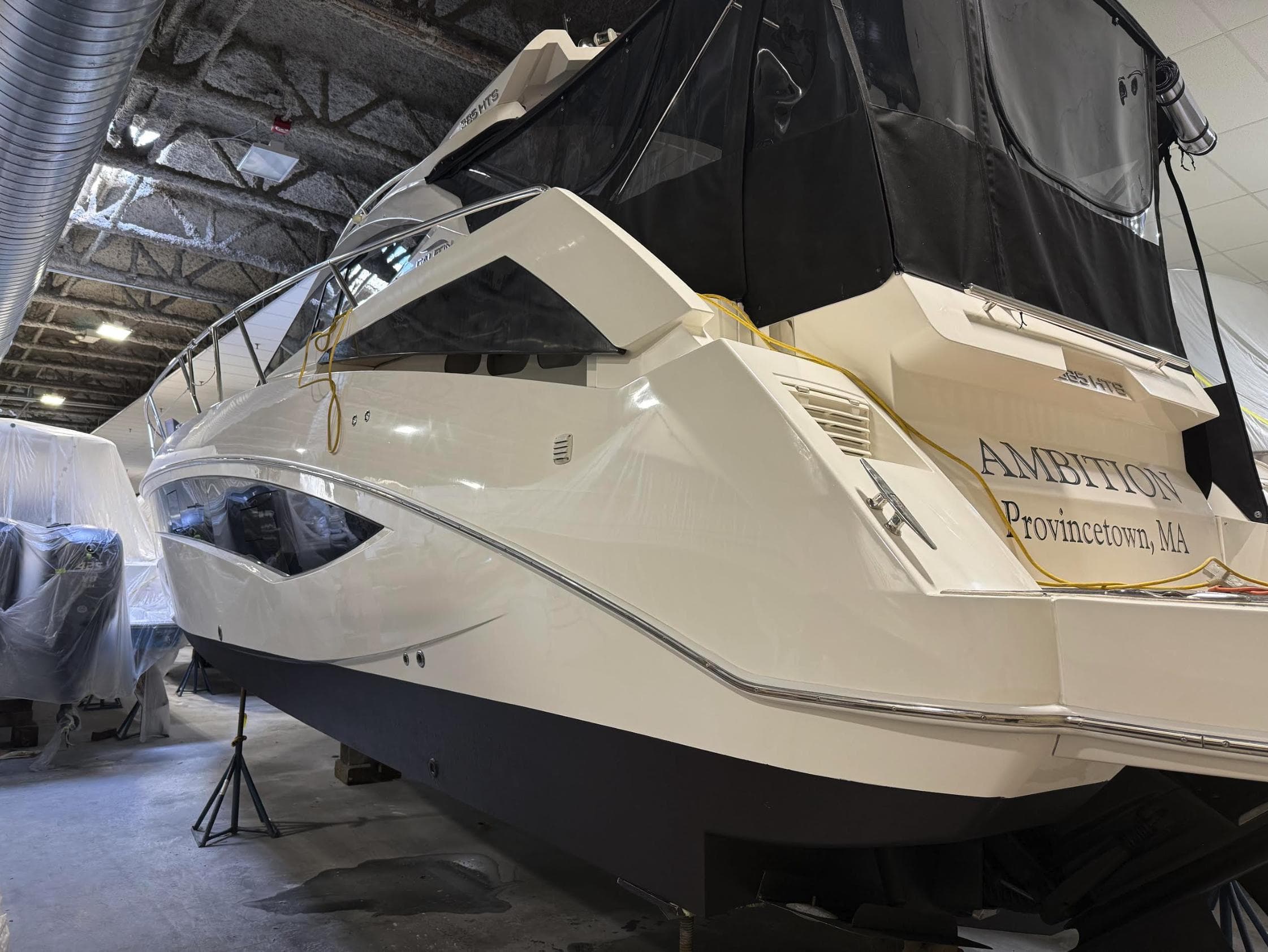 2018 Galeon 385 HTS yacht in a storage facility, rear view.
