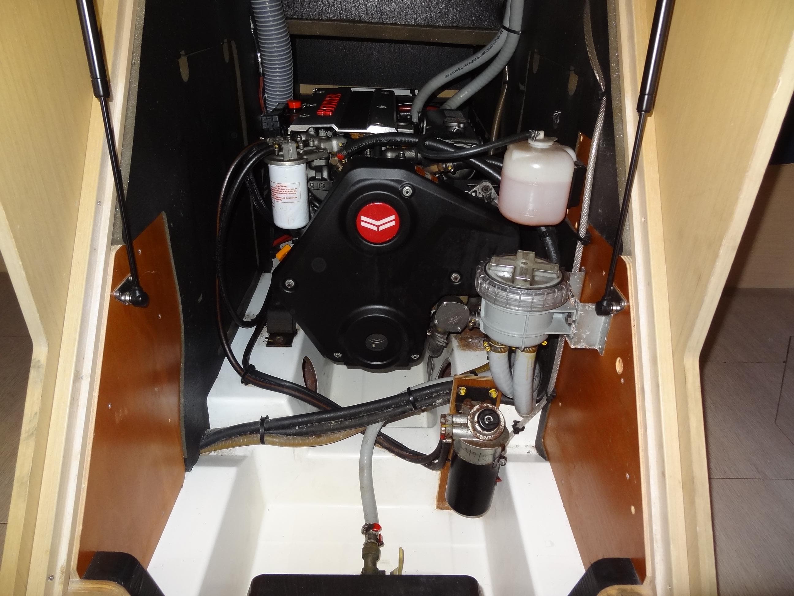 Engine compartment of a 2020 Beneteau Oceanis 46.1 sailboat.