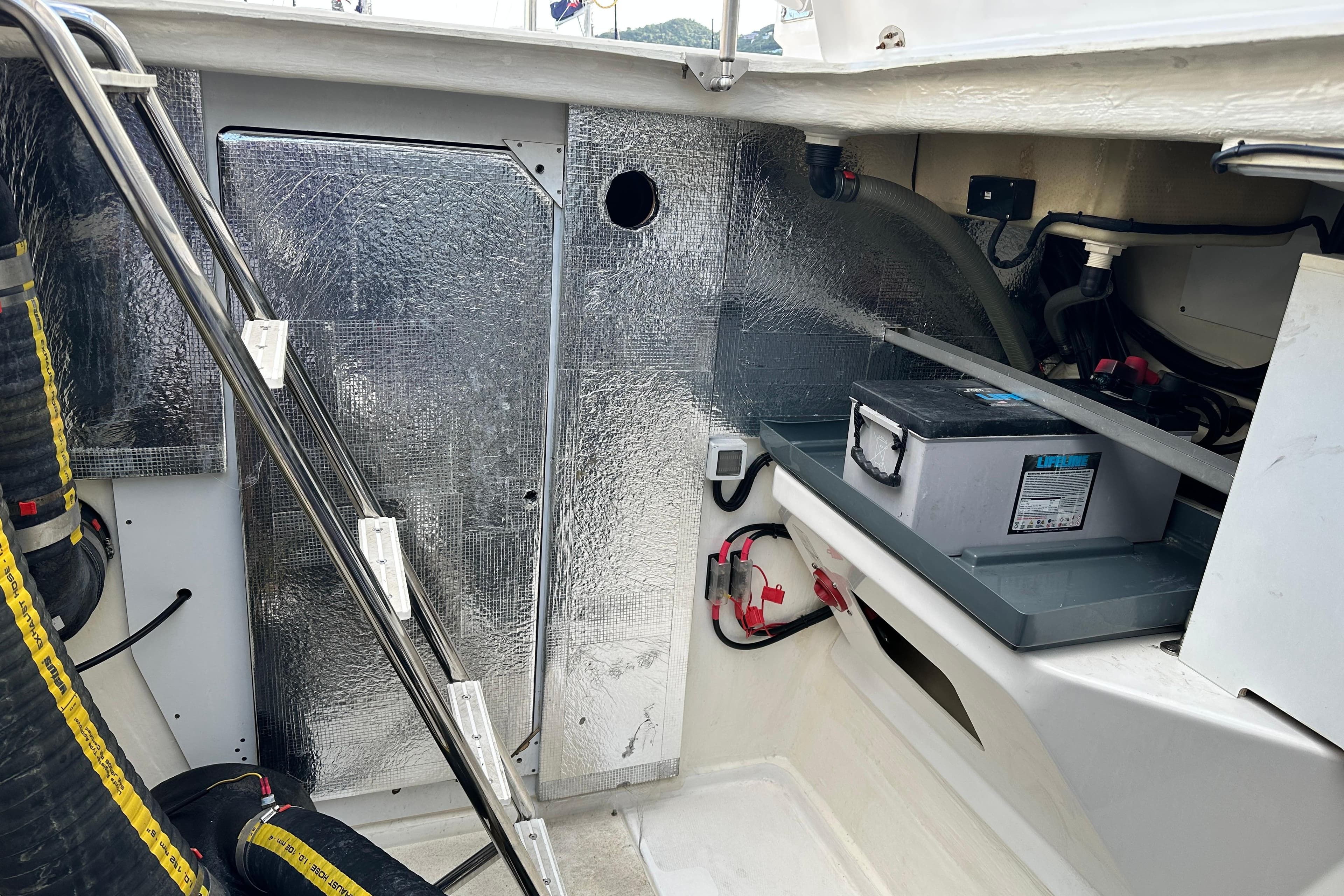 Engine room of 2022 Leopard 53 Powercat with insulation and equipment.