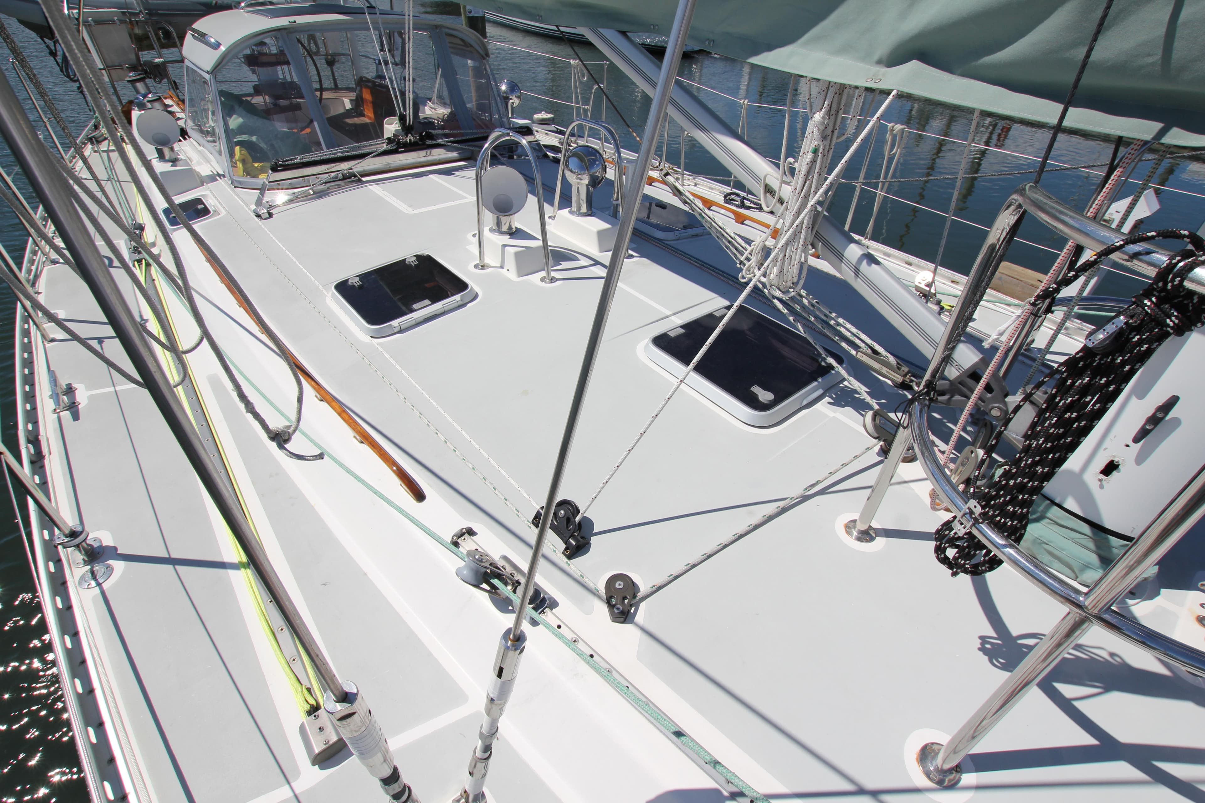 Deck view of 1998 Able Apogee 50 sailboat, featuring sleek design and rigging details.