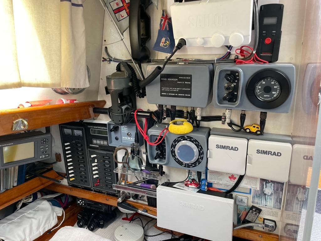 Navigation and control panel inside a 1973 Camper & Nicholsons 38 yacht.