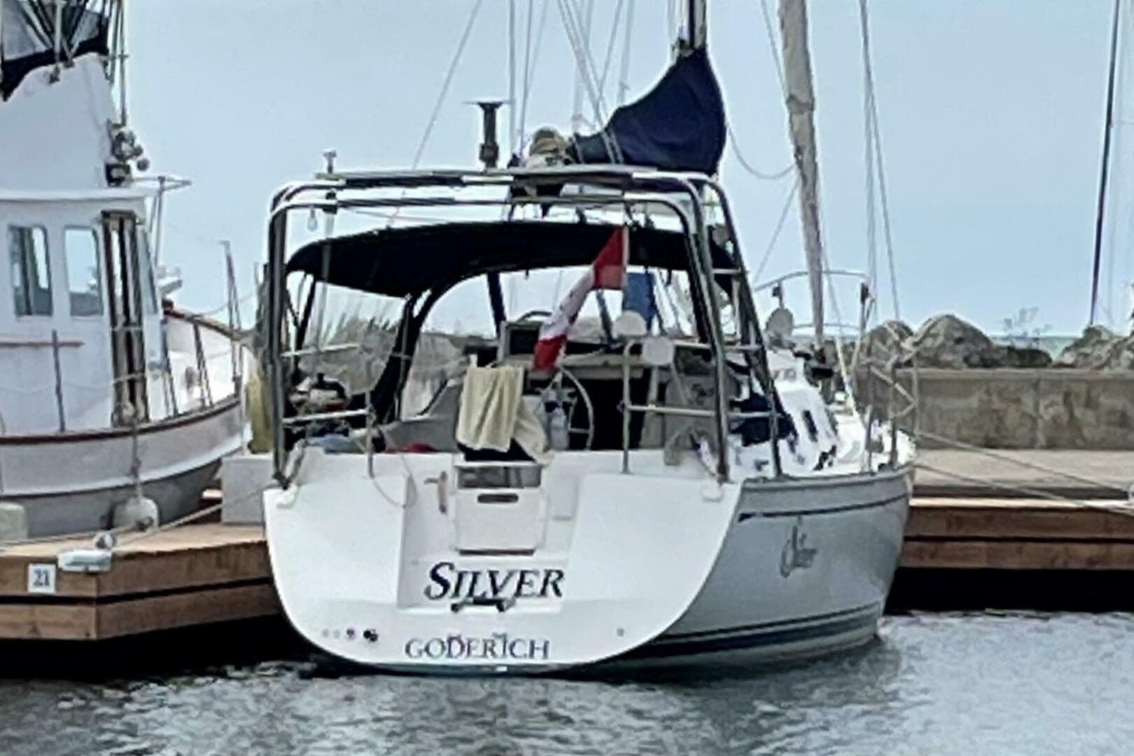 Saga 35 sailboat from 2000 docked at a marina, displaying "Silver" and "Goderich."