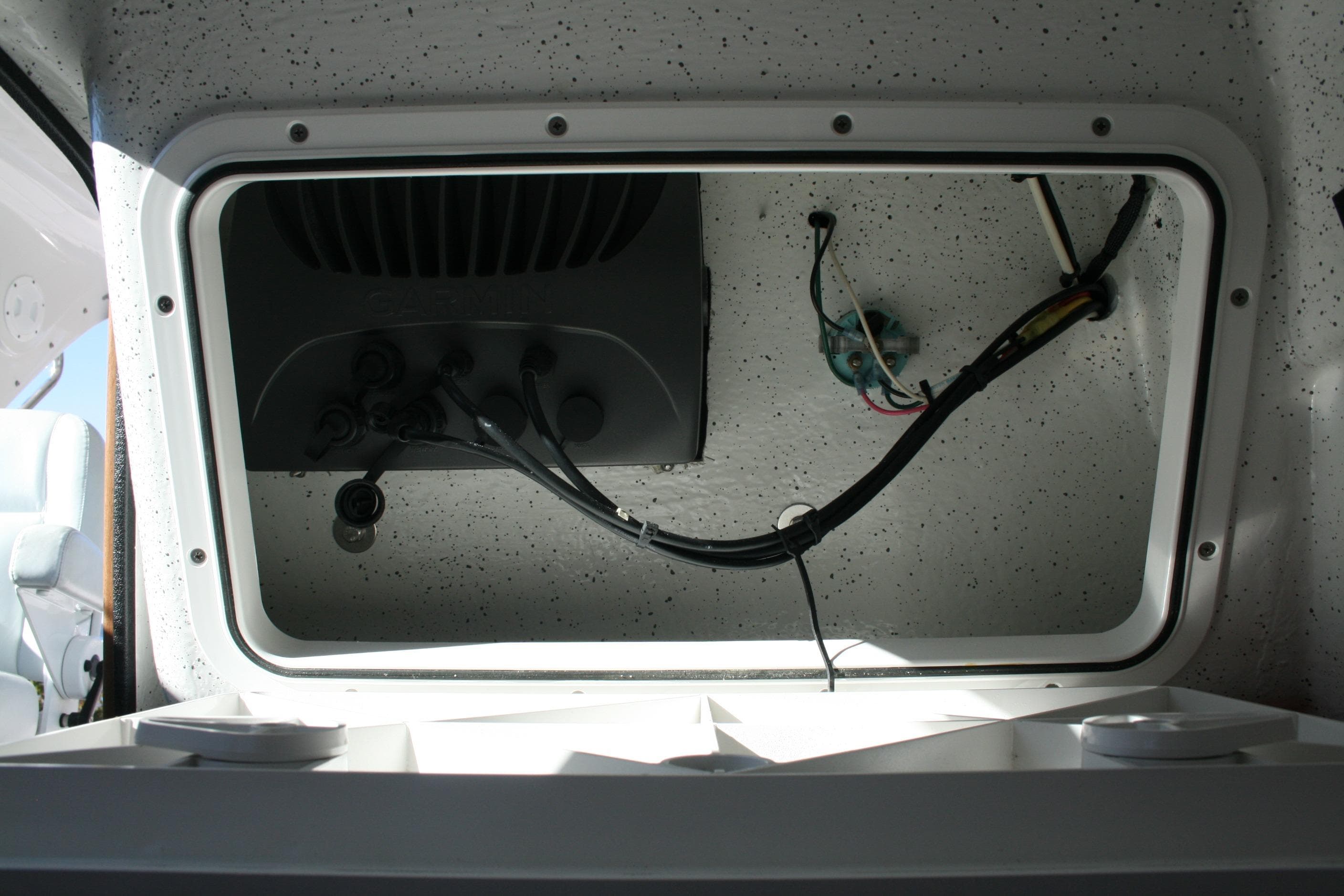 Interior view of a 2012 Protector Targa 30 boat's electrical compartment.
