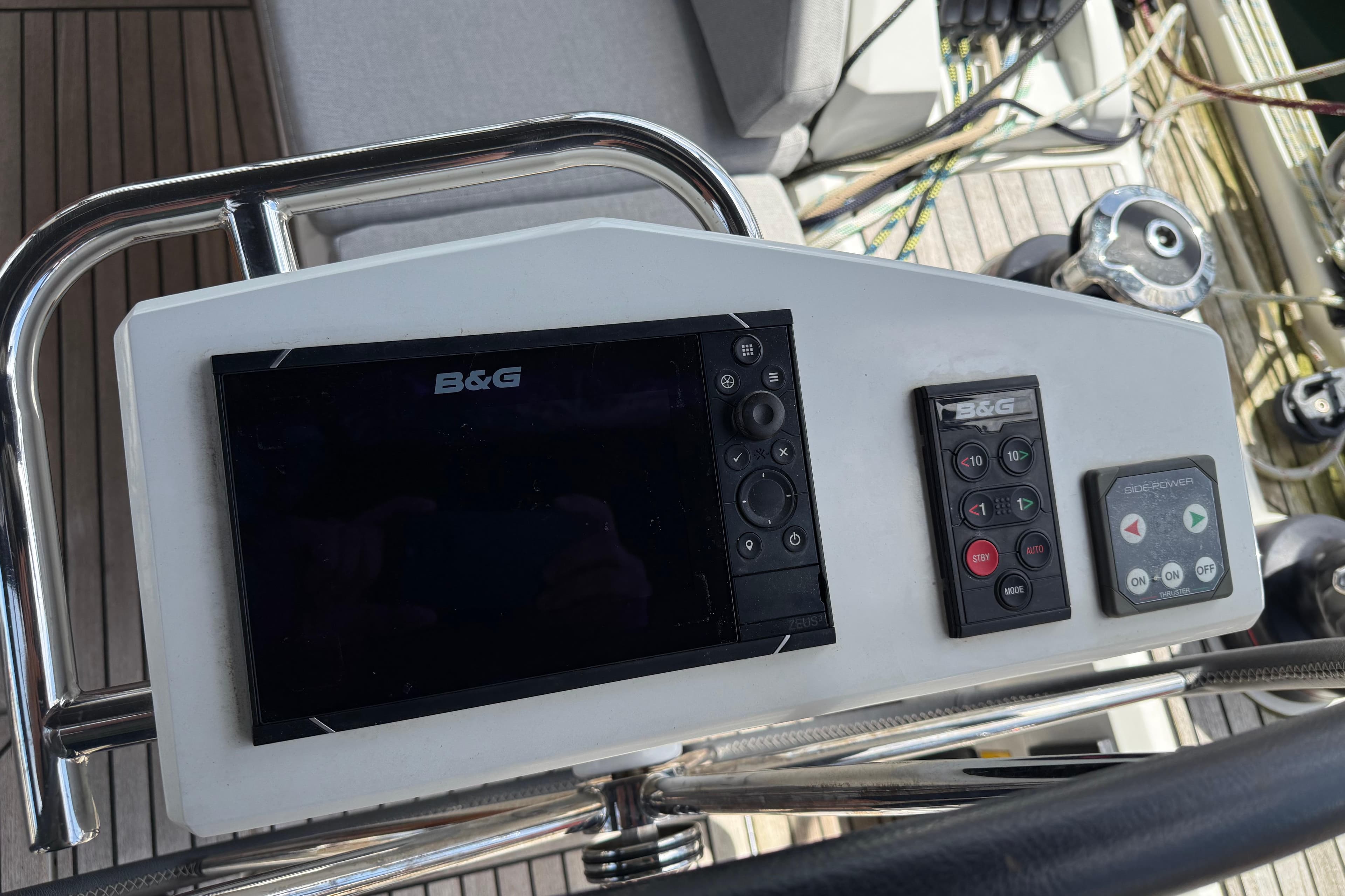 Control panel of a 2020 Beneteau Oceanis 46.1 yacht with B&G navigation system.