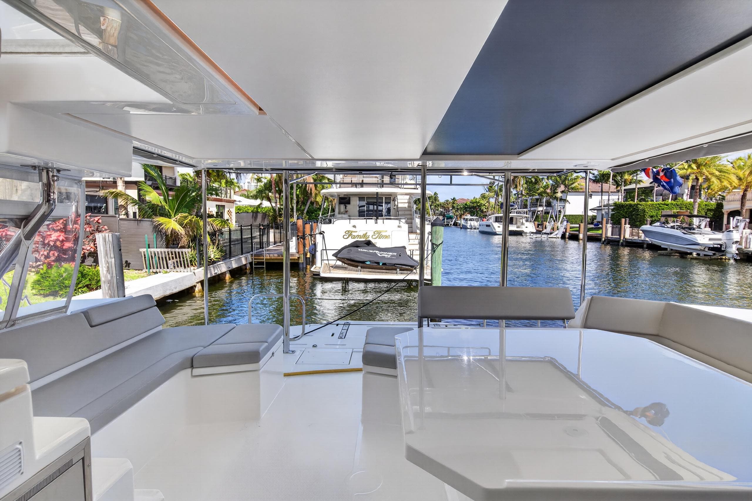 Luxurious Leopard 50 yacht interior with waterfront view, 2022 model.