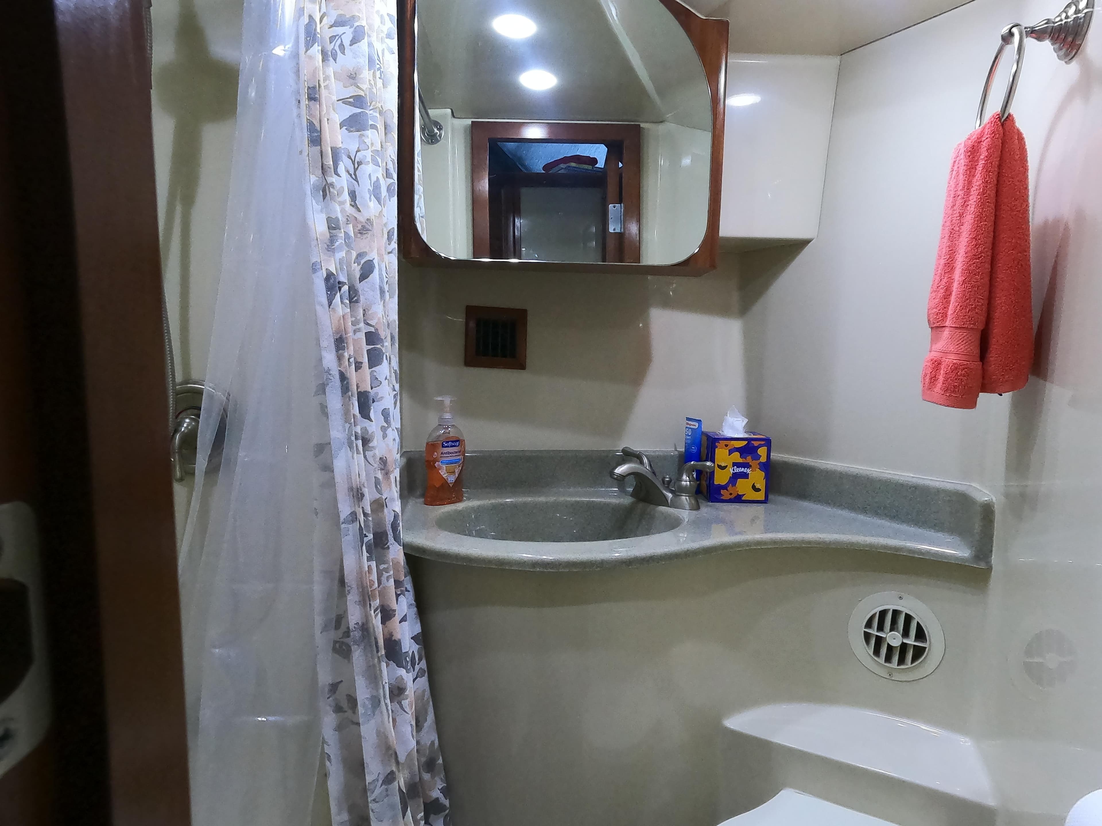 Bathroom interior of 2006 Bluewater Yachts 5200 with sink, mirror, and shower curtain.