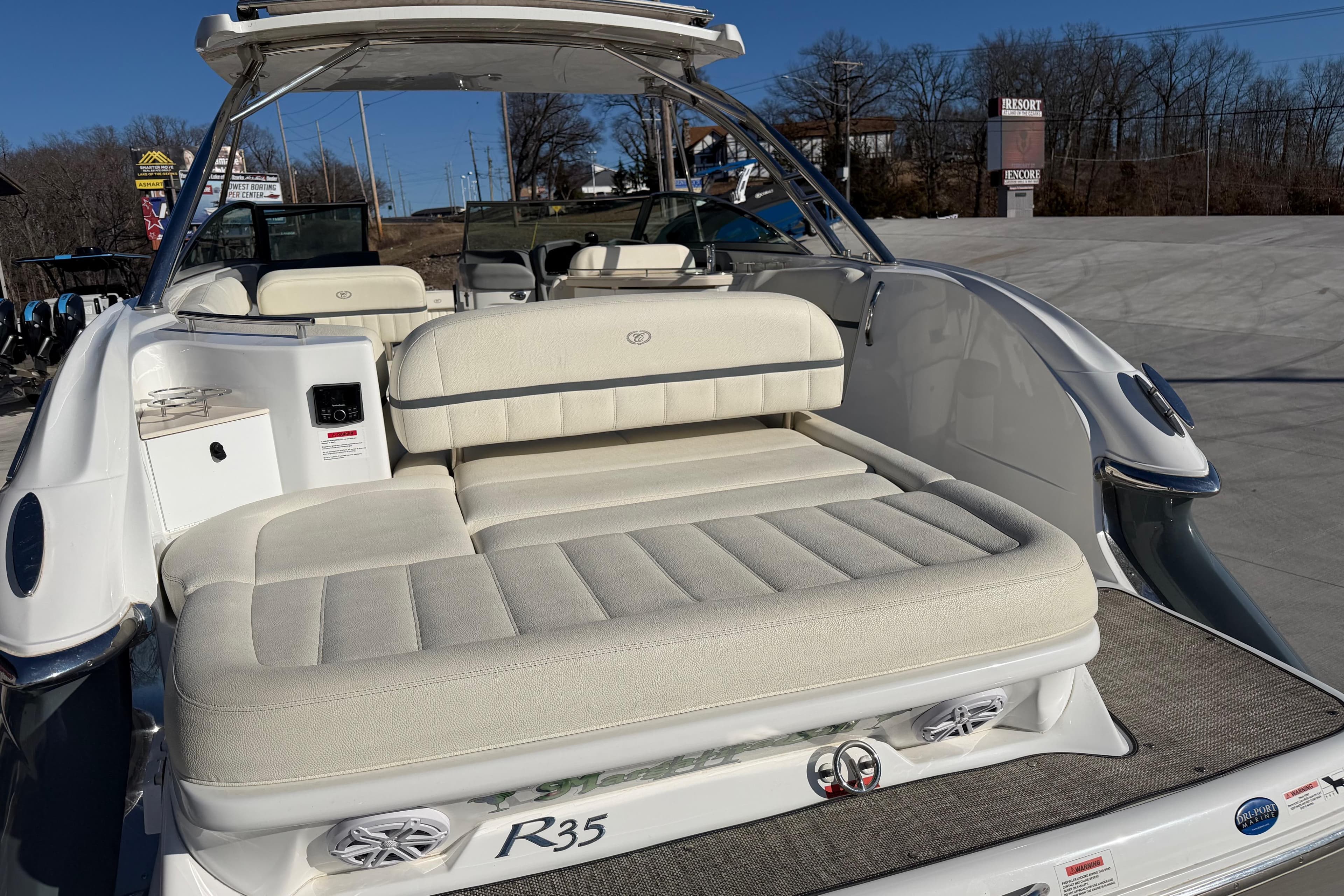 2019 Cobalt R35 boat with spacious white seating and modern design.