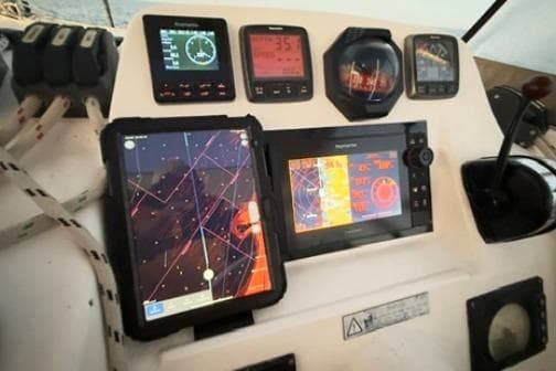 Leopard 44 yacht cockpit with navigation instruments, 2014 model.
