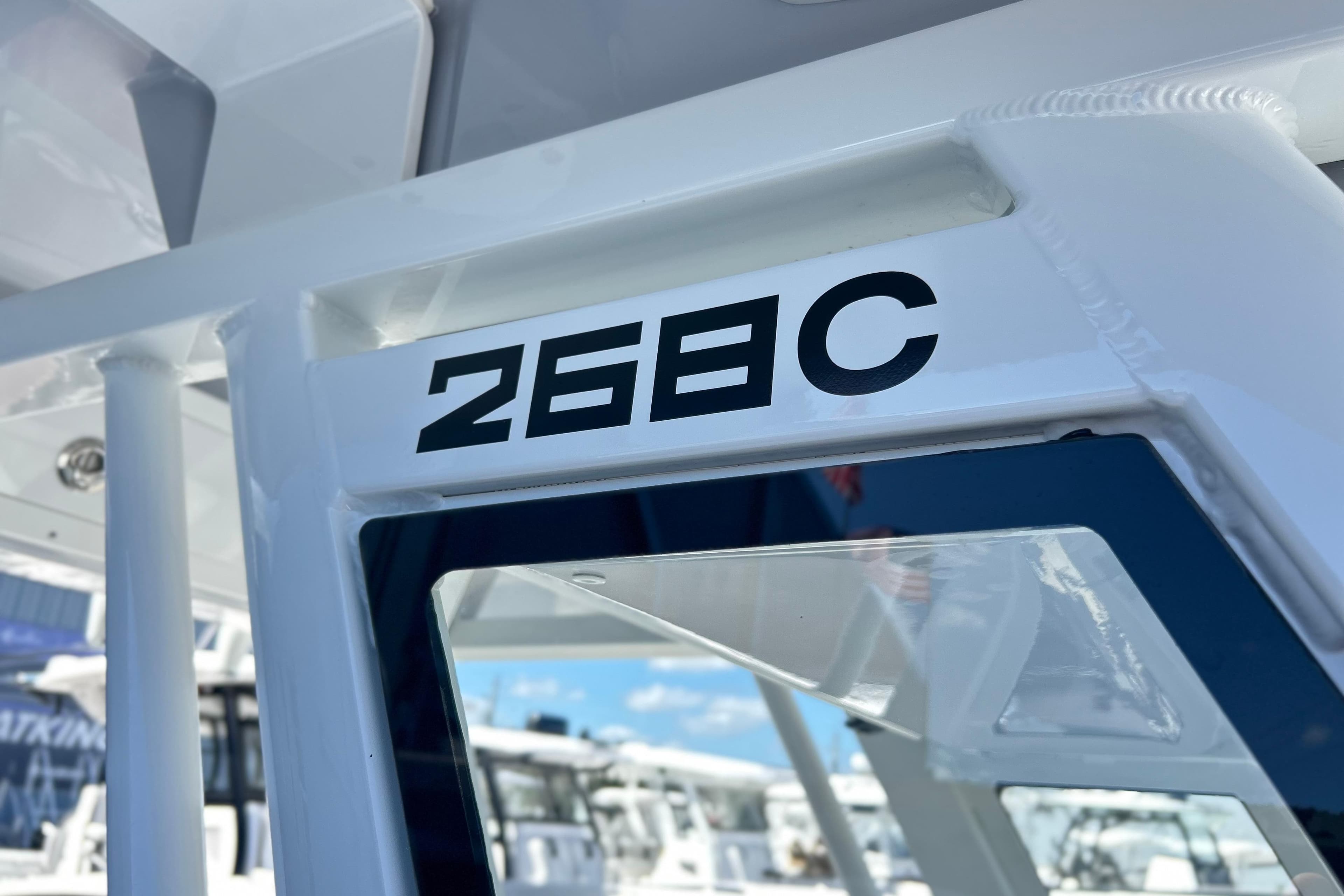Close-up of 2026 Sea Fox 268 Commander boat model number on white frame.