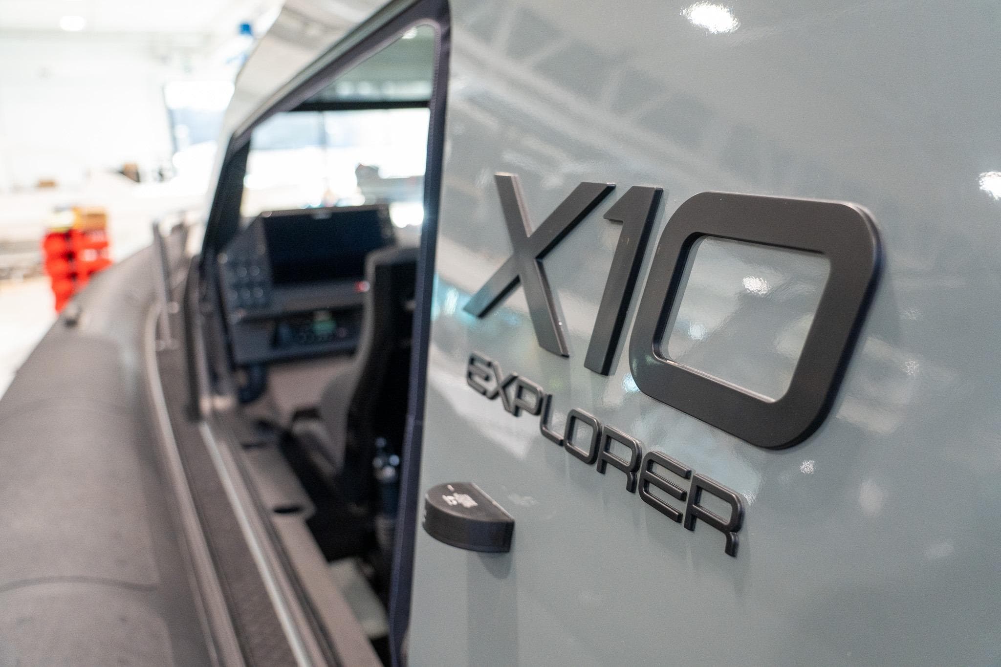 2024 Goldfish X10 EXPLORER boat interior with logo detail.