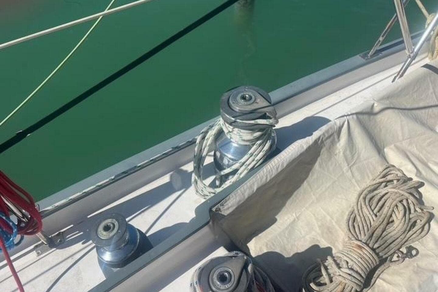 Deck of 1993 Custom Baraka 46 sailboat with ropes and winches.