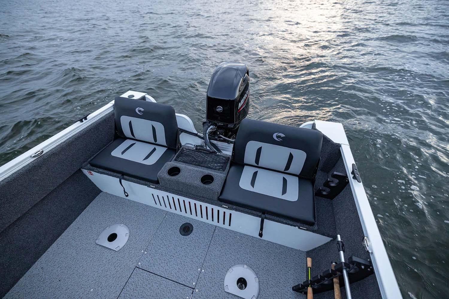 Manufacturer Provided Image: 2026 Crestliner 1650 Kodiak WT boat interior with seating and motor on water.