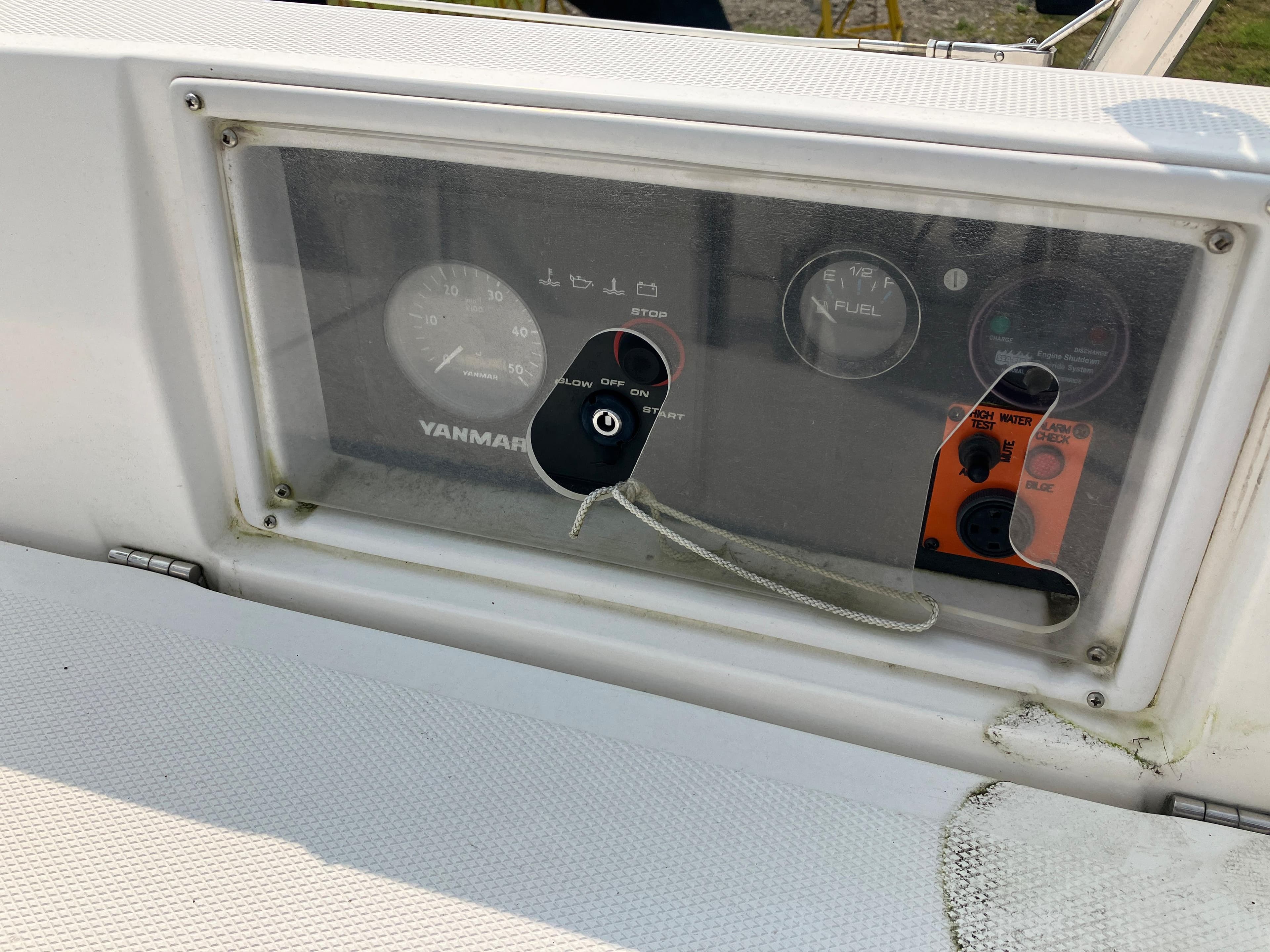 Yanmar engine control panel on a 2007 Hunter 33 sailboat.