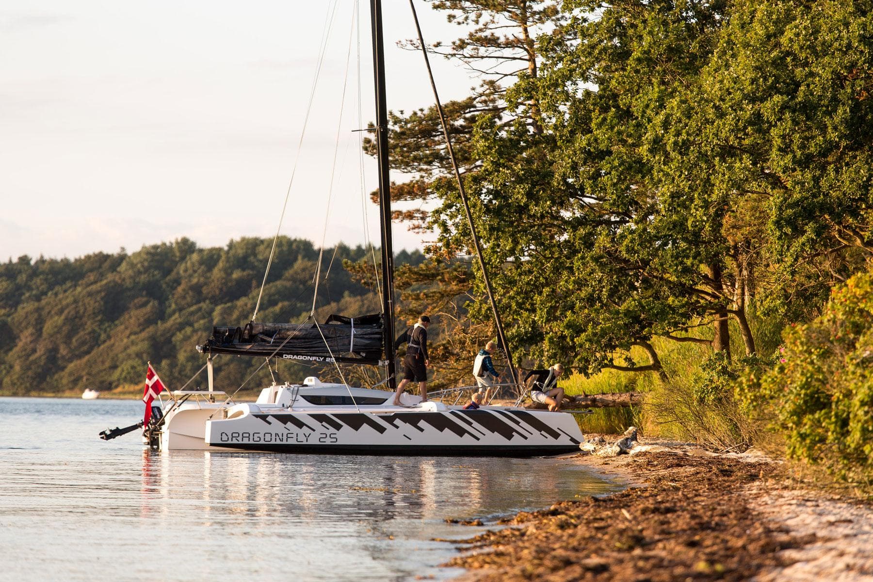 Sleek Dragonfly 25 sailboat moored by a scenic shoreline, 2025 model.