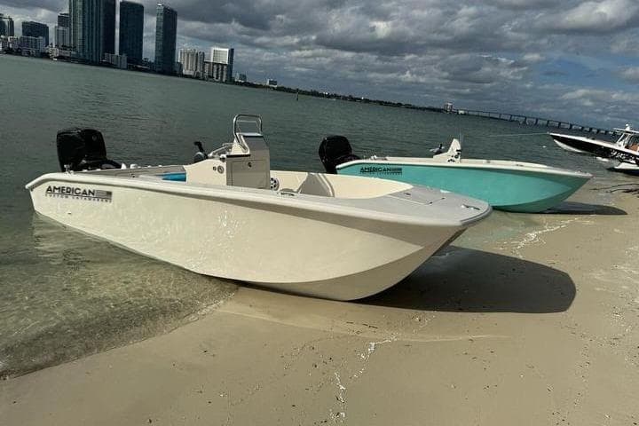 2026 American Custom Catamarans 17LF boats on sandy beach with city skyline backdrop.