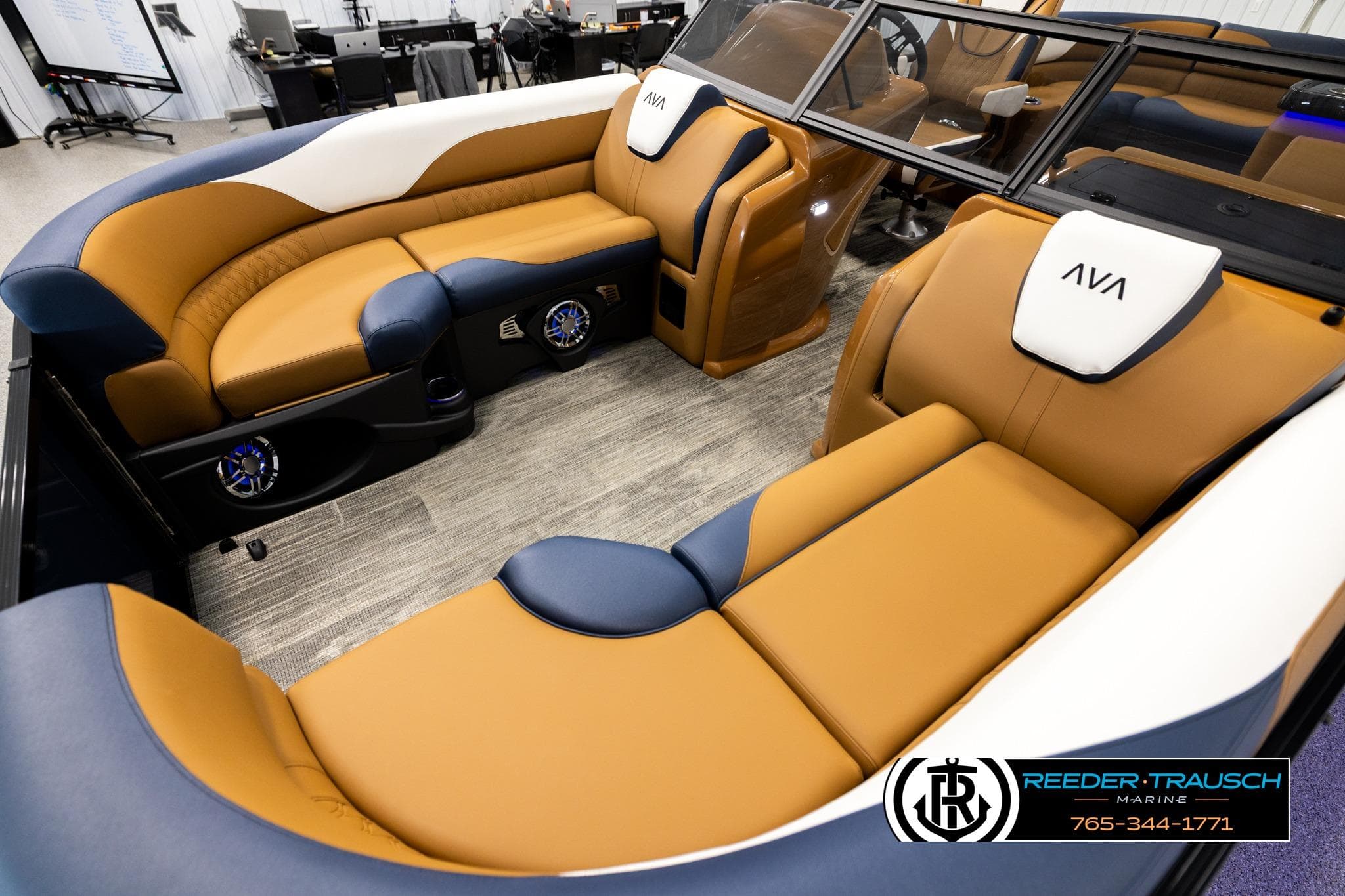 Luxurious interior of 2026 Avalon LSZ ELW boat with plush seating and modern design.