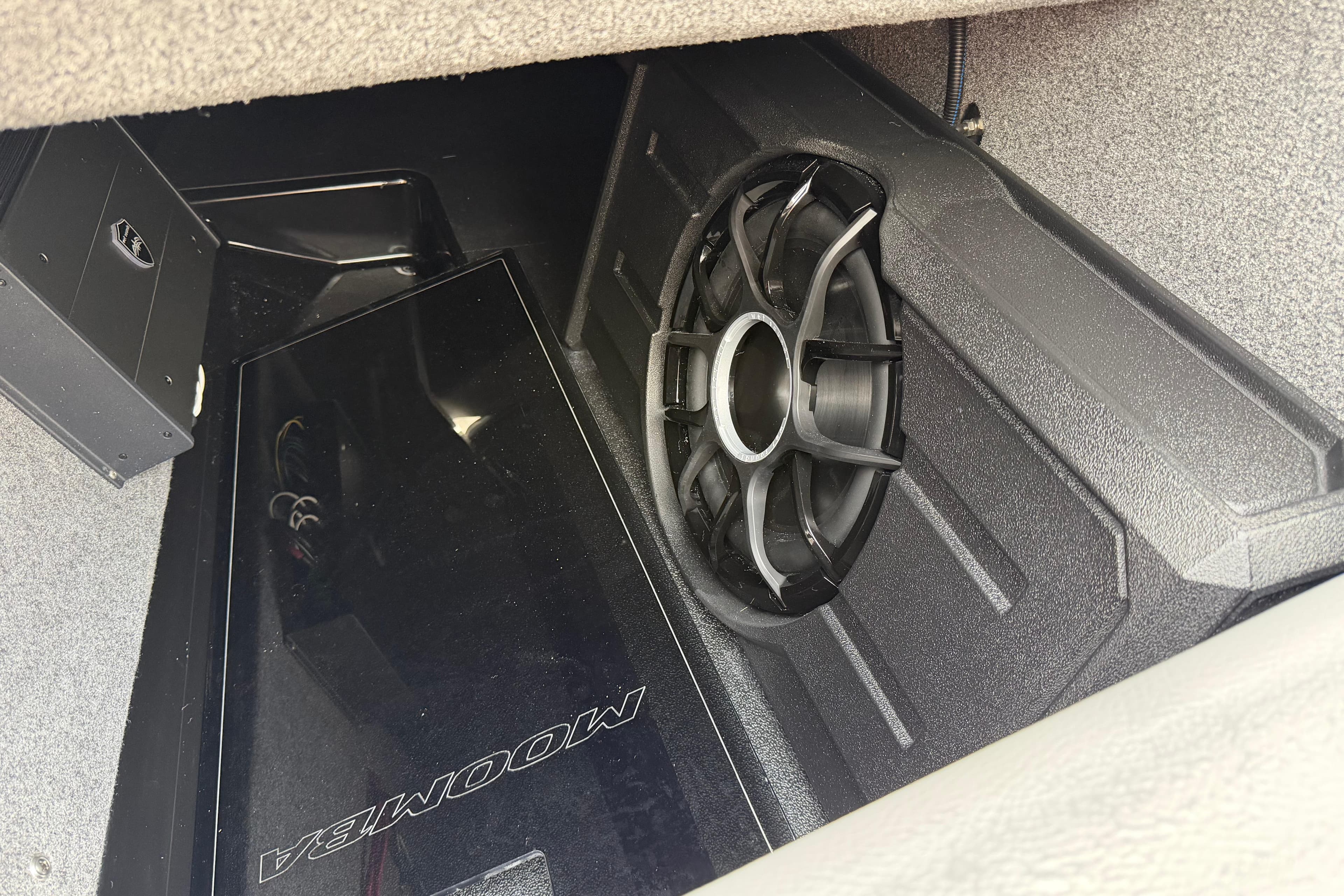 2026 Moomba Tykon interior audio system with subwoofer and amplifier.