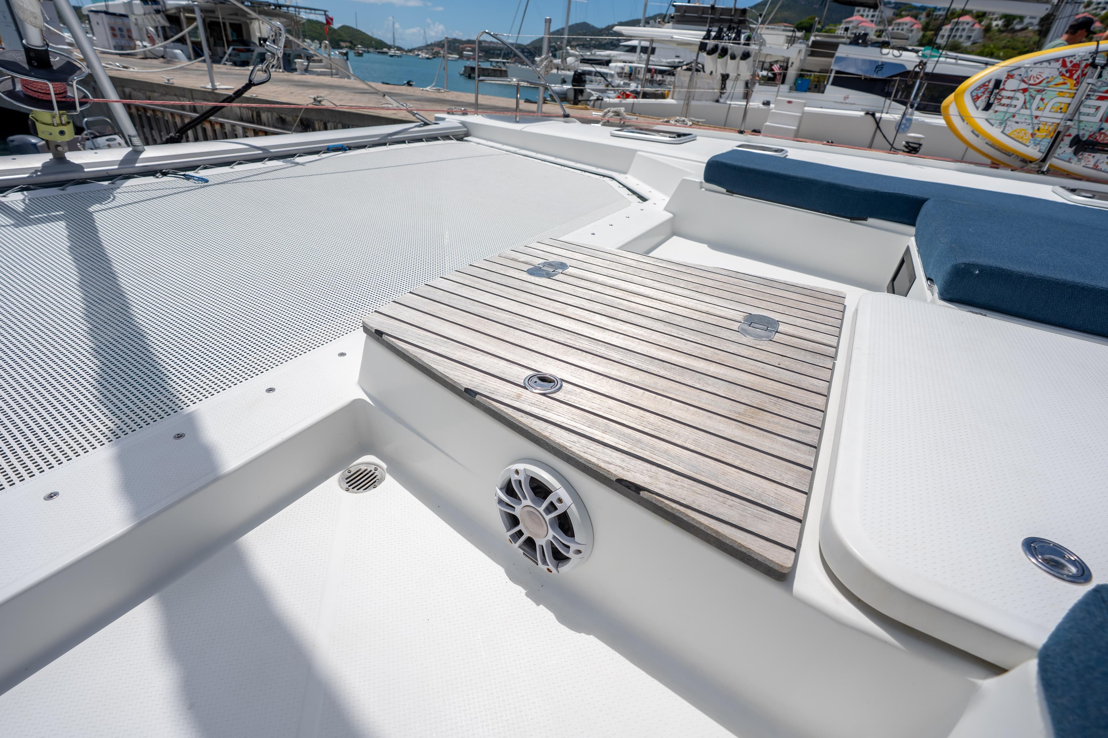 Deck view of 2020 Fountaine Pajot SABA 50 catamaran at marina.