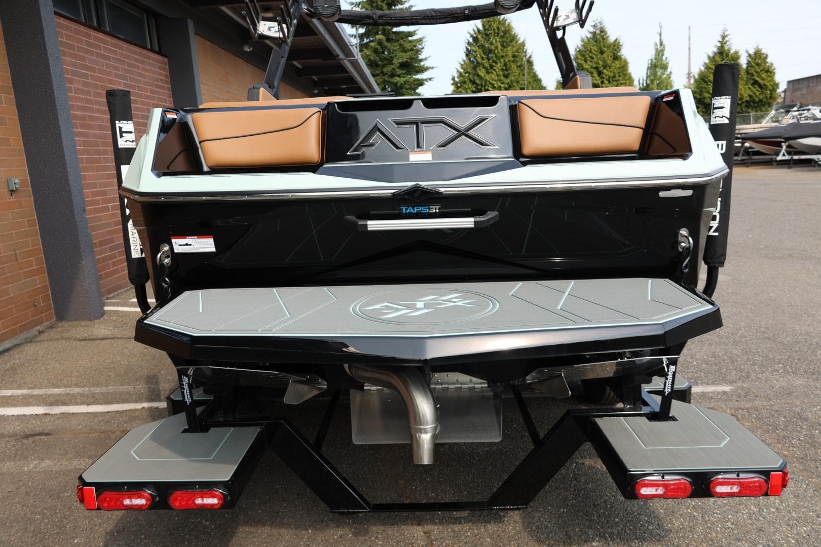 2026 ATX Surf Boats 22 Type-S rear view with swim platform and seating.