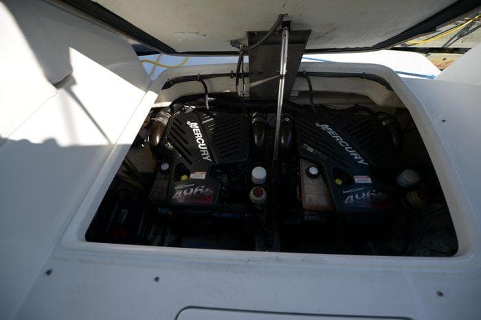 Engine compartment of a 2007 Formula 34 PC boat with dual Mercury engines.