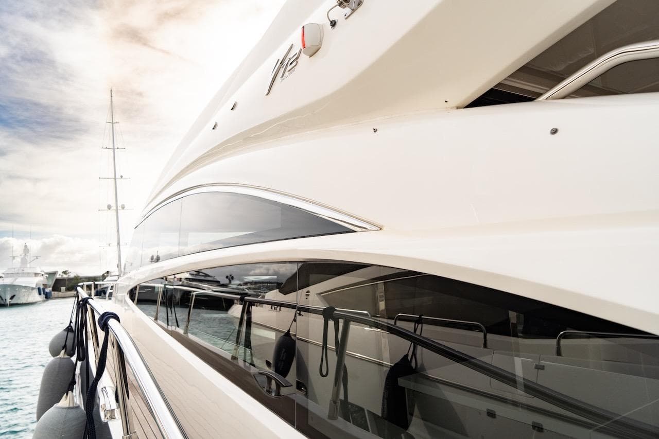 2012 Princess V72 yacht docked, showcasing sleek design and modern architecture.