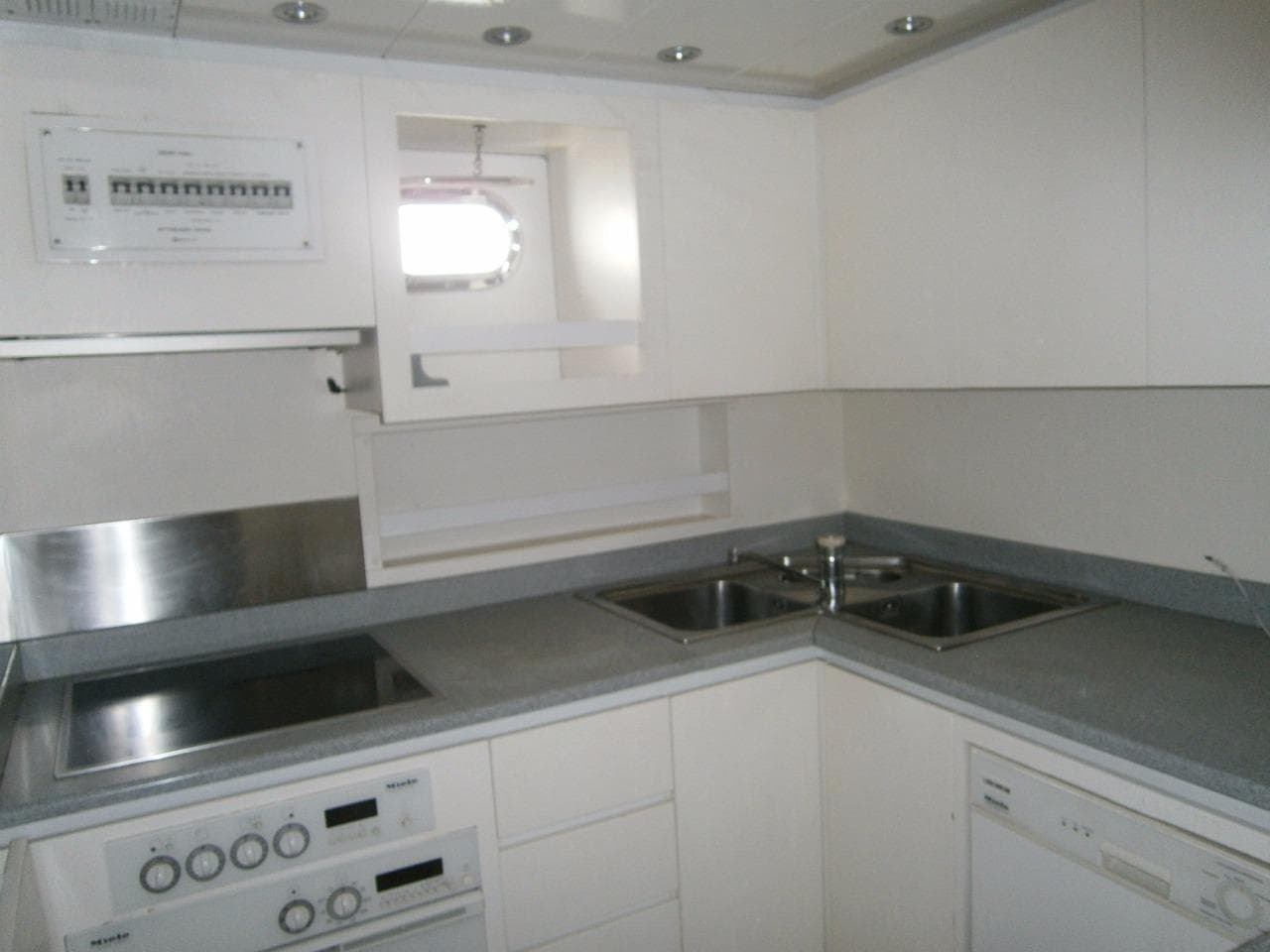 Interior of Overmarine Mangusta 80 yacht kitchen, built in 1994.