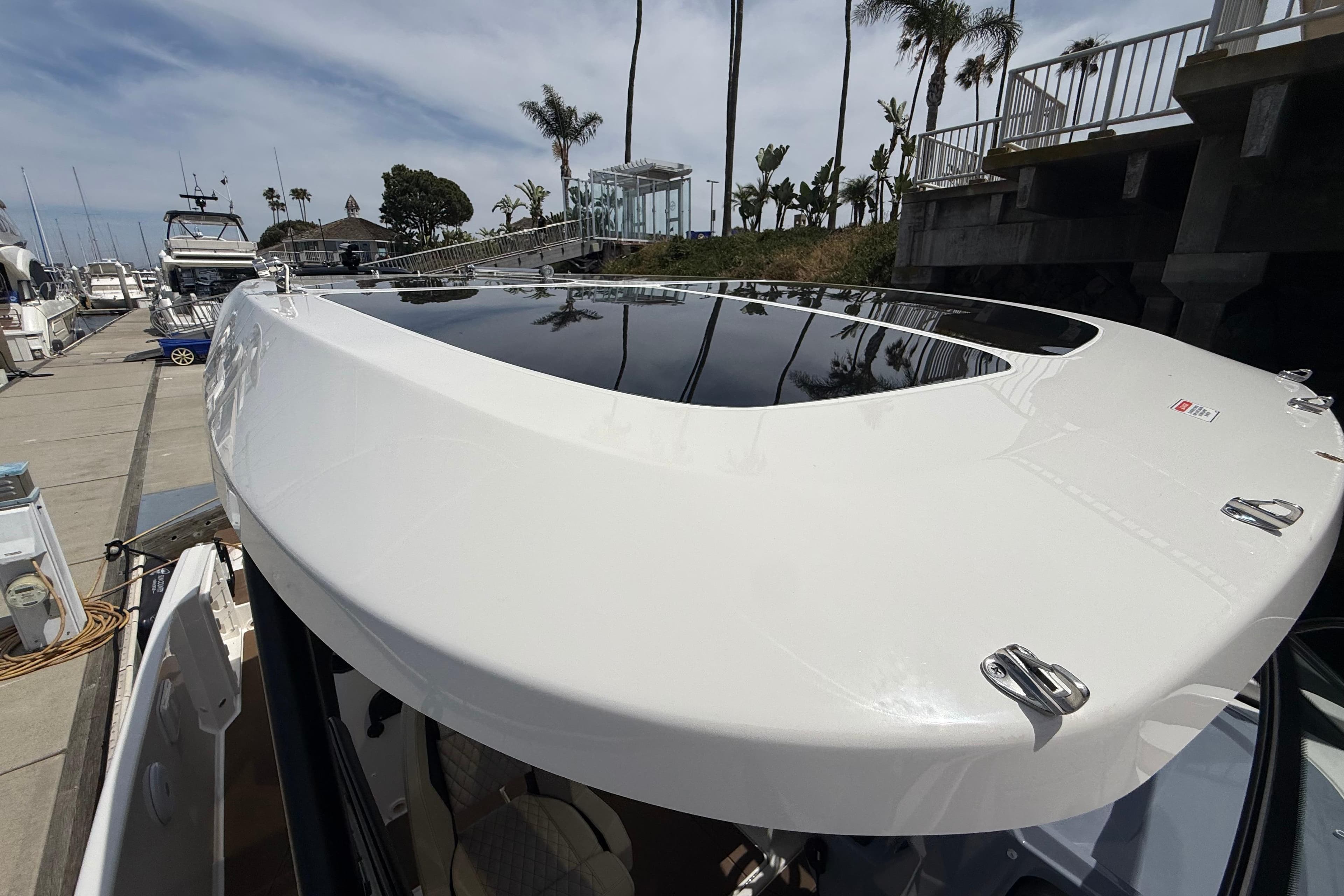 2026 Navan S30 boat docked, showcasing sleek design and modern features.
