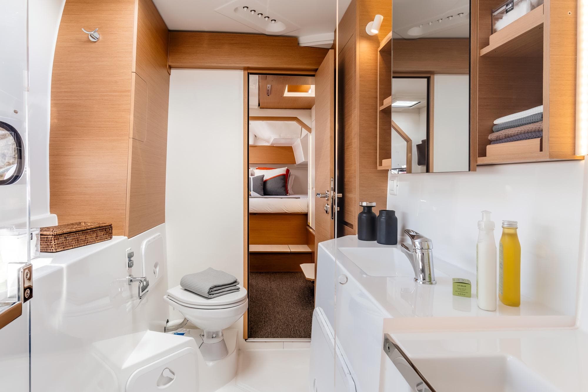 Luxurious bathroom interior of 2026 Excess 11 yacht with modern amenities.