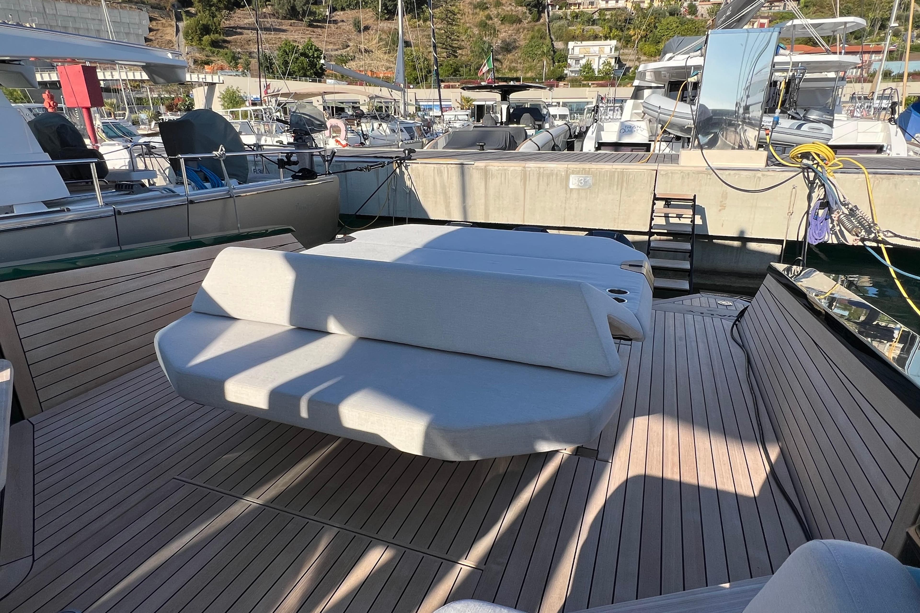 2024 Wally Tender 43 X yacht with sleek deck design in marina setting.