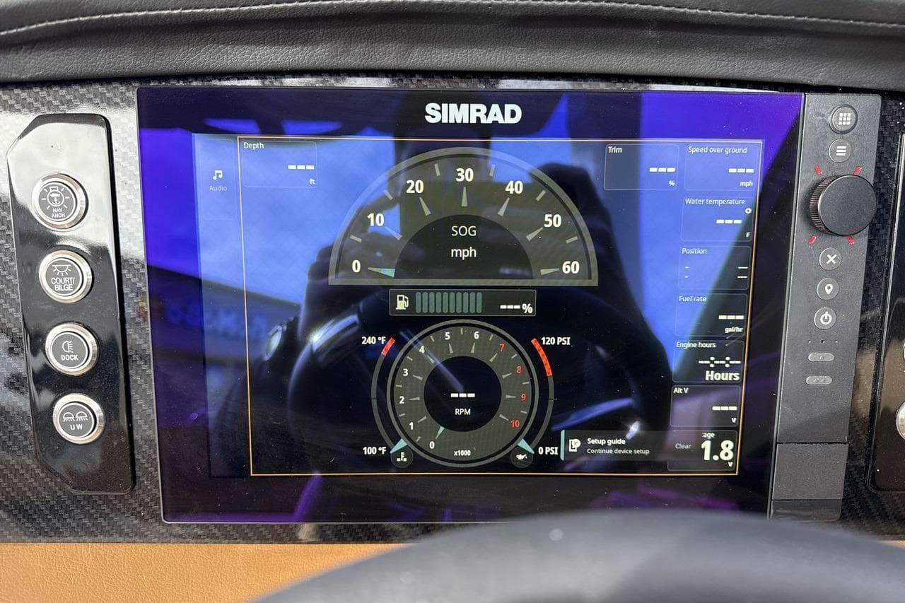 Simrad display on 2026 Chaparral GTS 6 showing speed, RPM, and engine data.